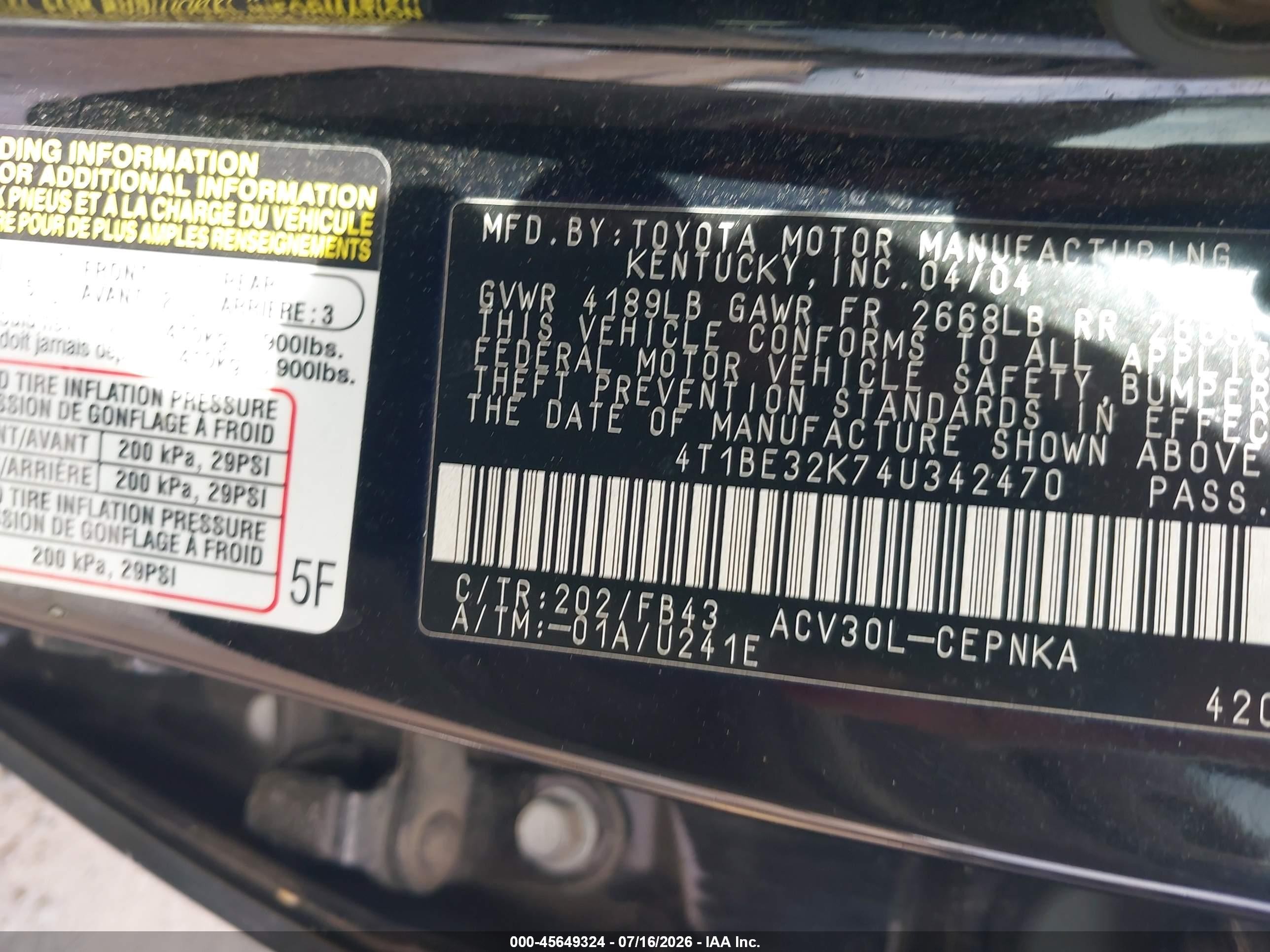 2004 Toyota Camry Le Black vin: 4T1BE32K74U342470