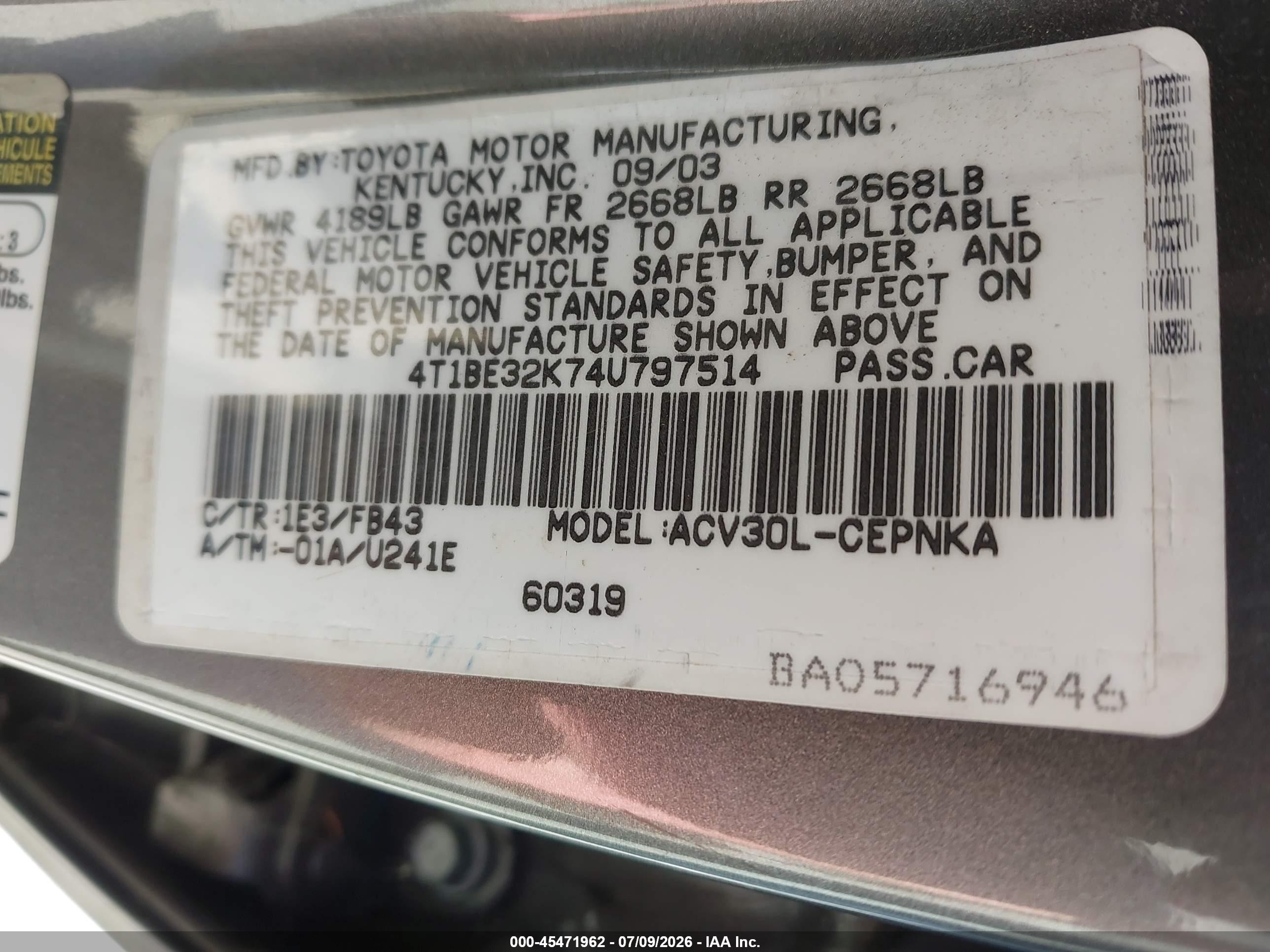 2004 Toyota Camry Le Gray vin: 4T1BE32K74U797514
