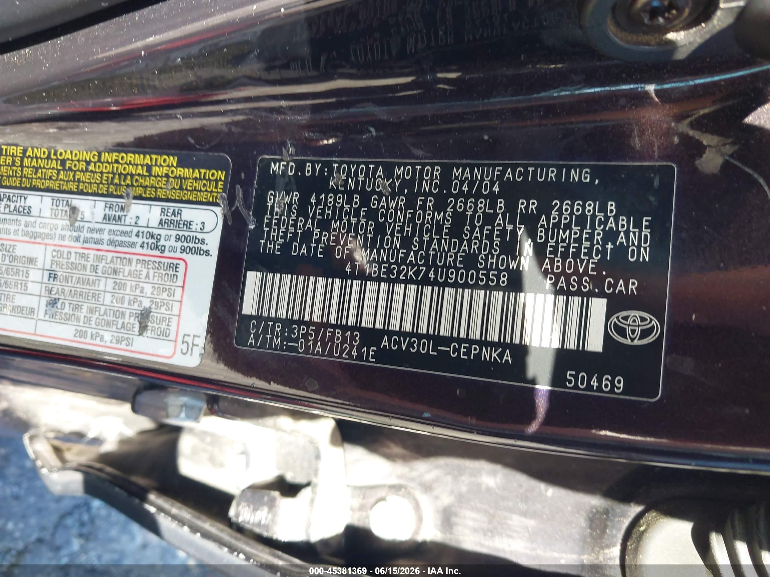2004 Toyota Camry Le Black vin: 4T1BE32K74U900558
