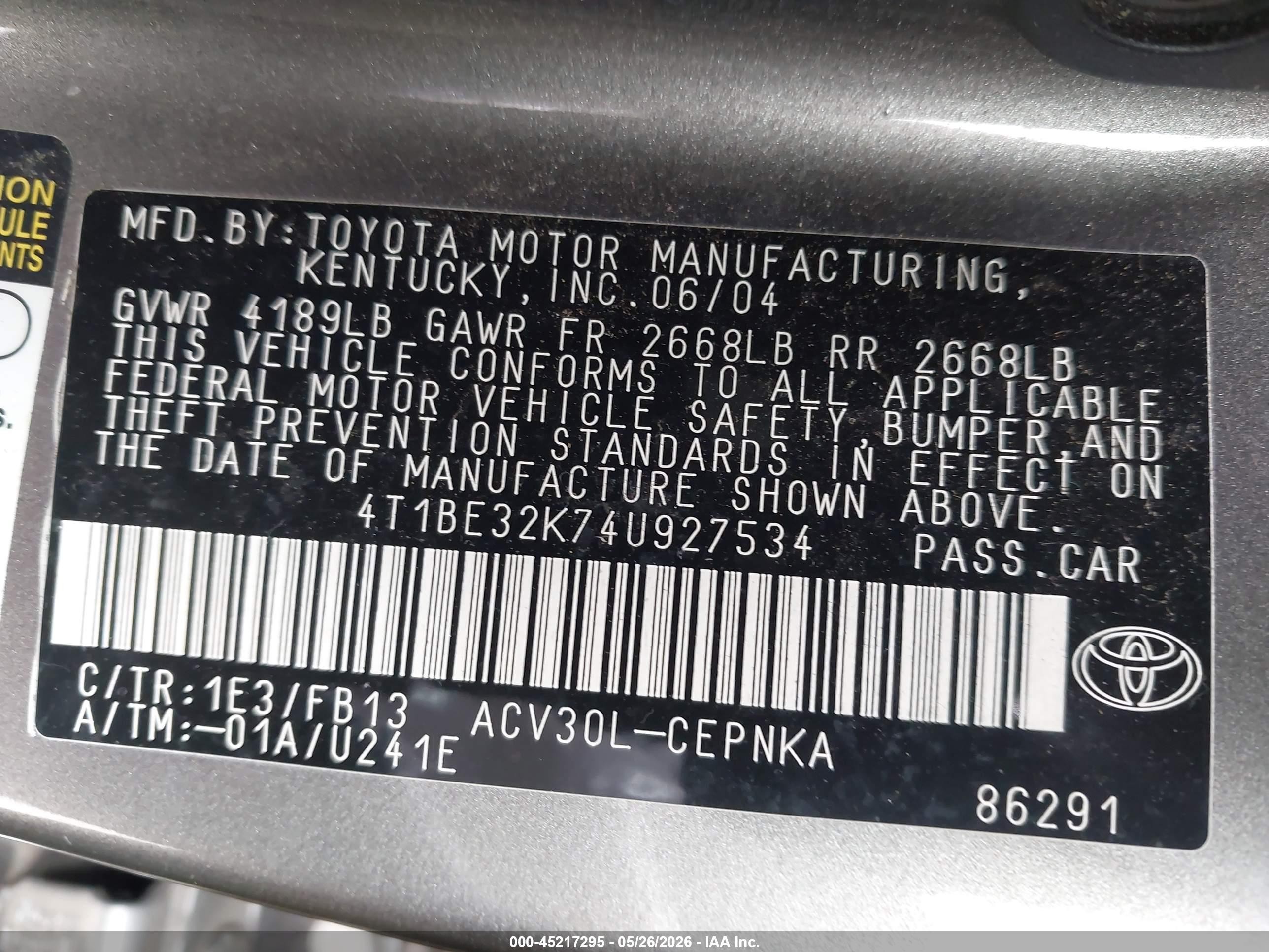 2004 Toyota Camry Le Серый vin: 4T1BE32K74U927534