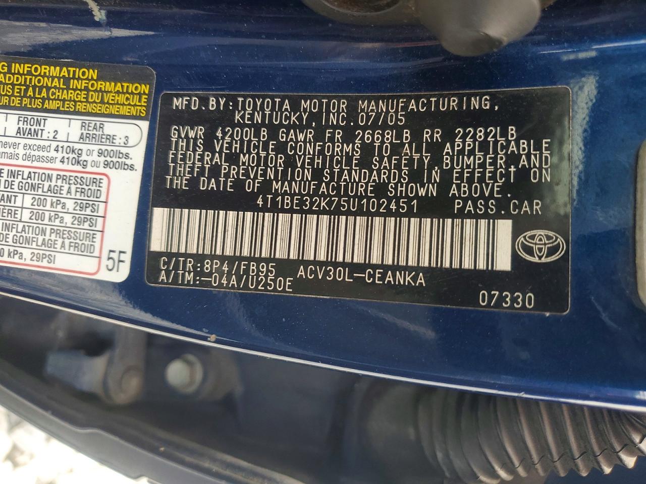 2005 Toyota Camry Le Синий vin: 4T1BE32K75U102451