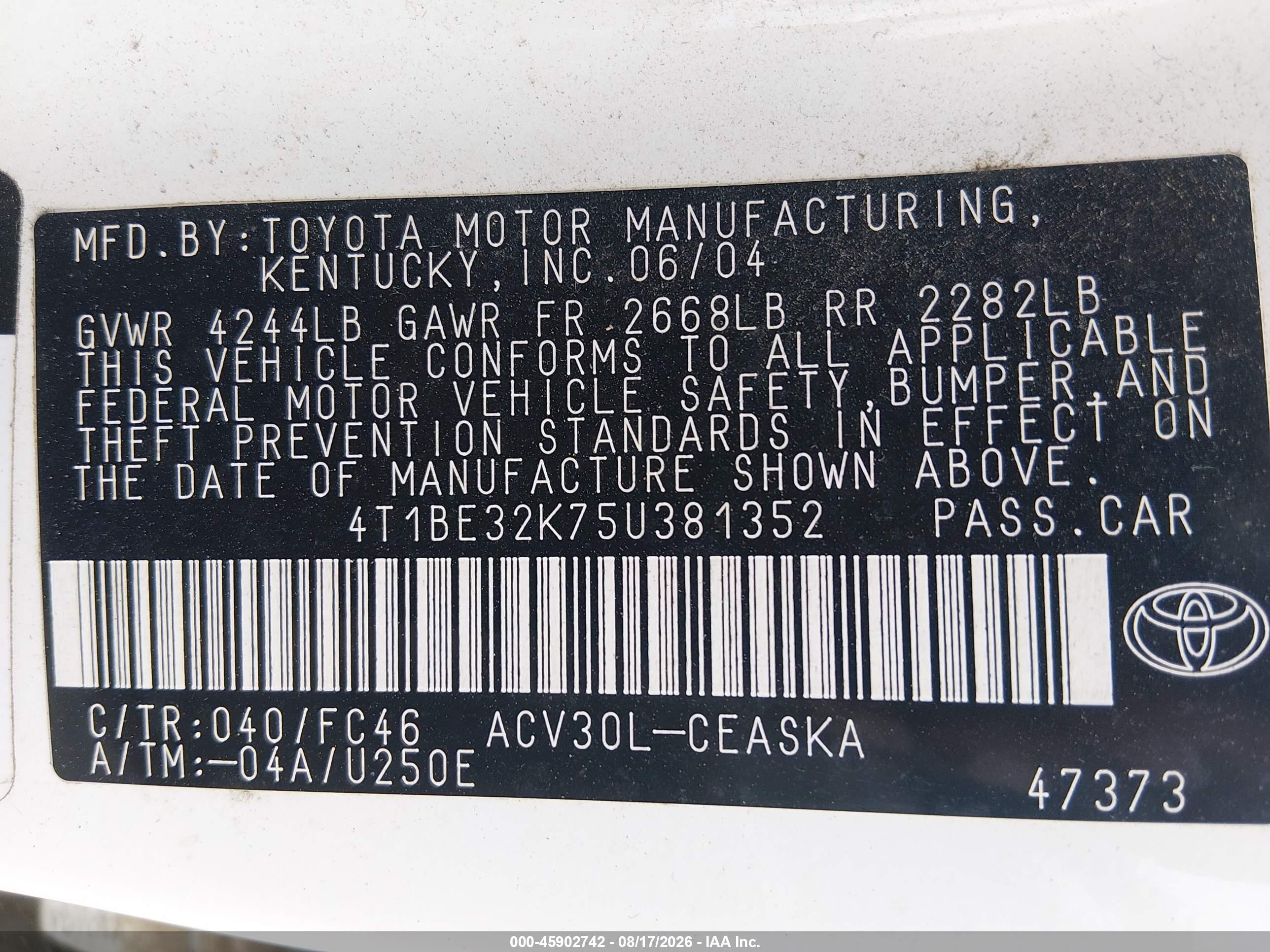 2005 Toyota Camry Se White vin: 4T1BE32K75U381352