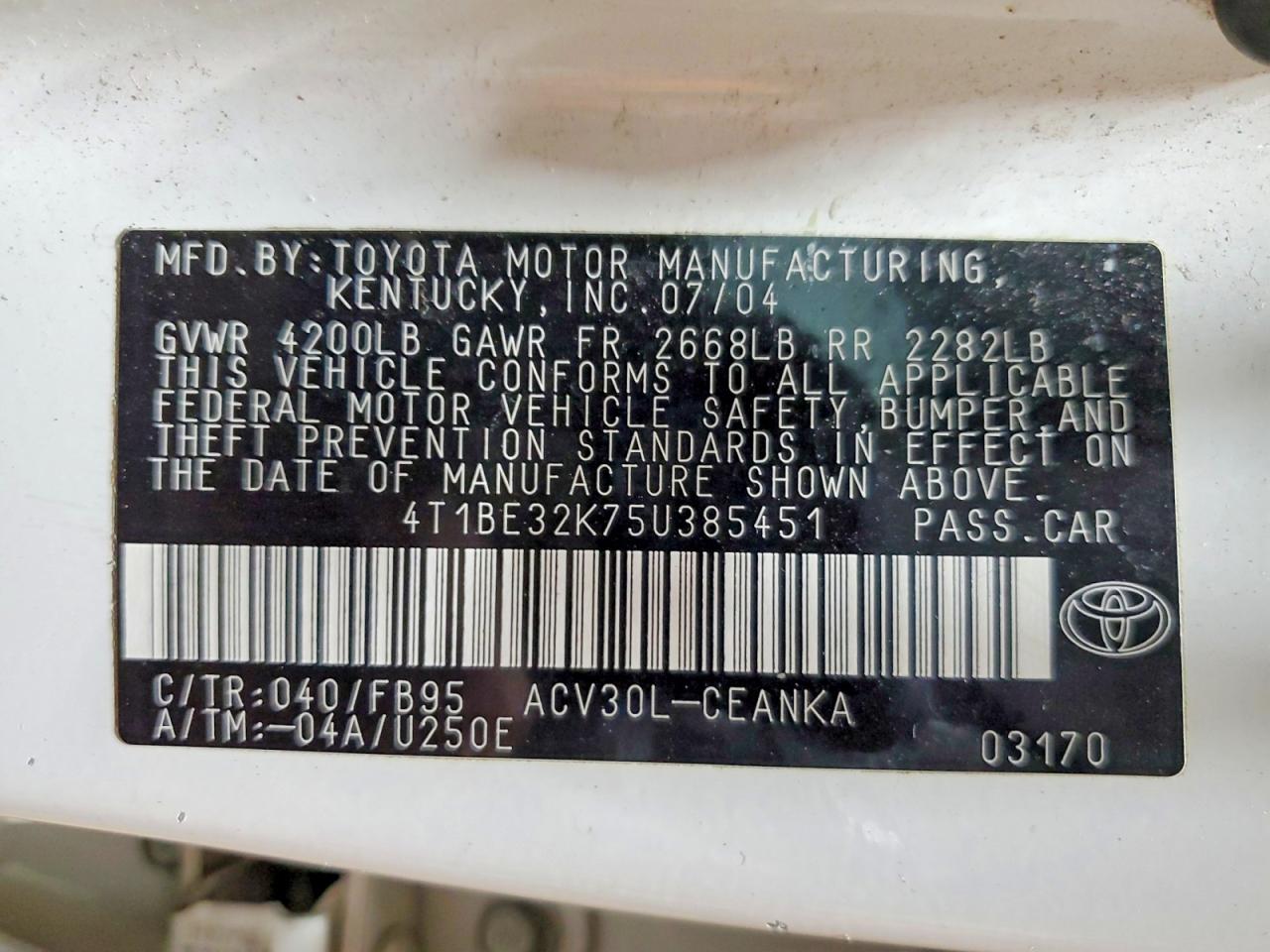 2005 Toyota Camry Le White vin: 4T1BE32K75U385451