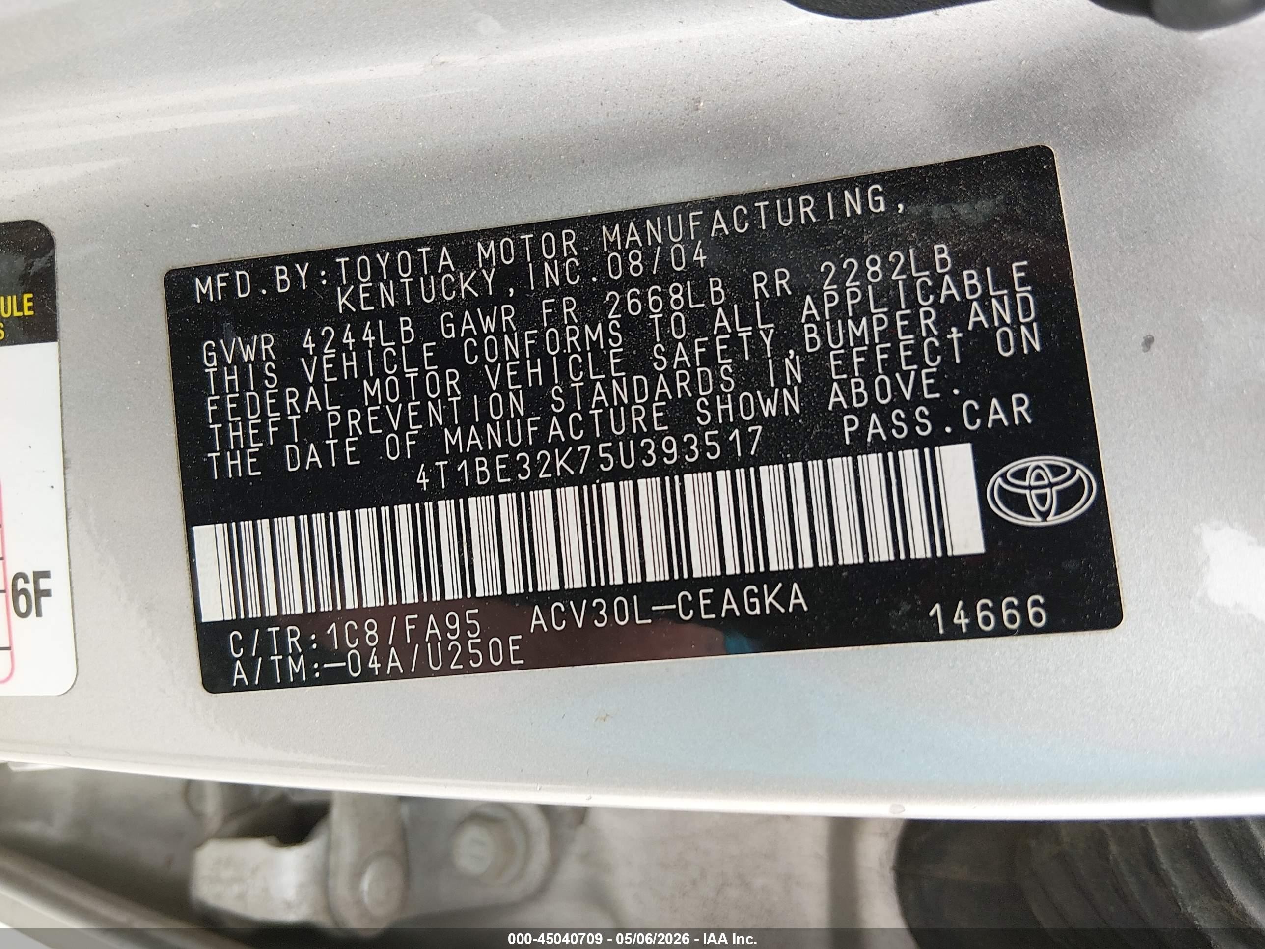 2005 Toyota Camry Xle Silver vin: 4T1BE32K75U393517
