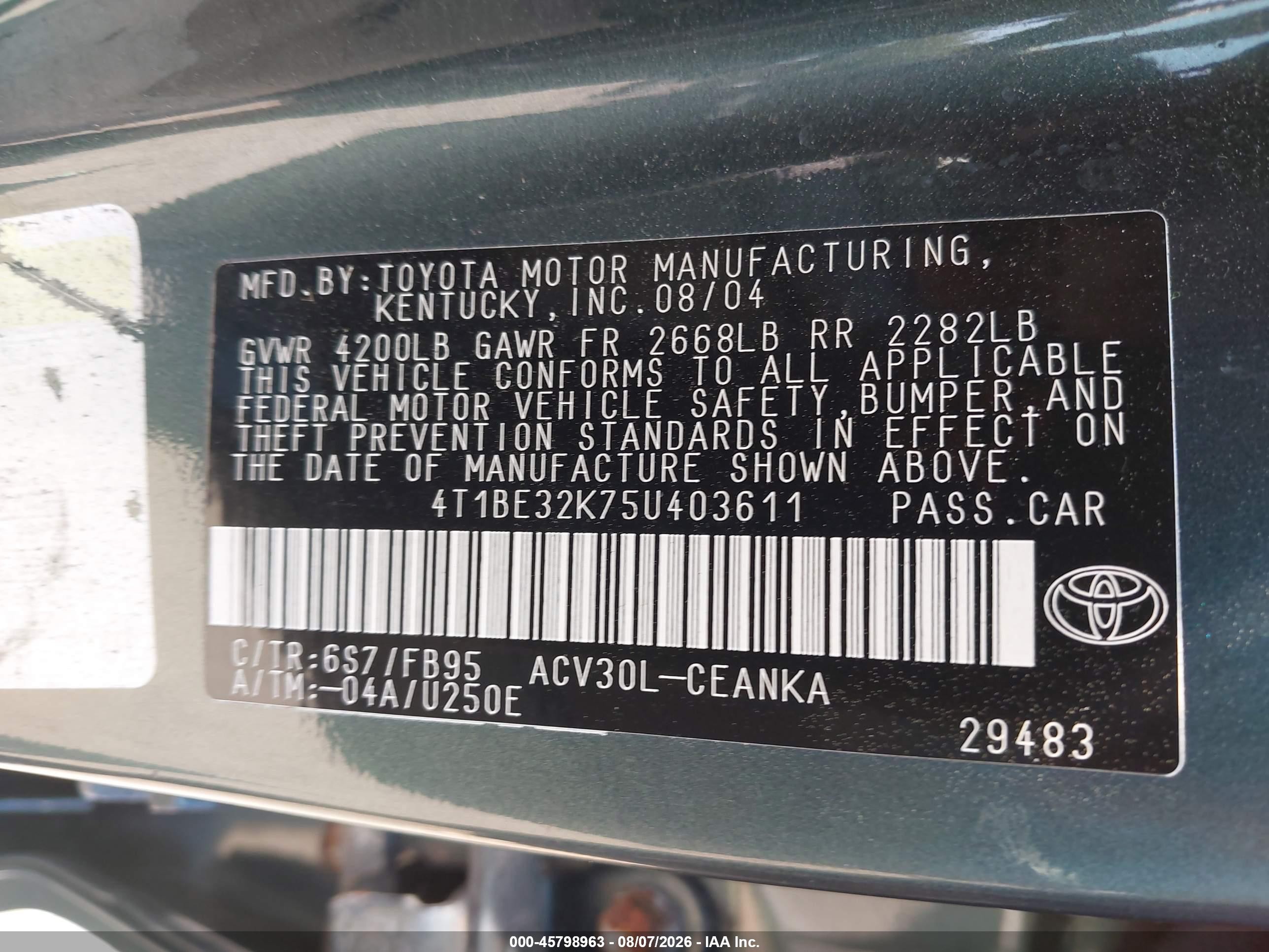 2005 Toyota Camry Le Green vin: 4T1BE32K75U403611