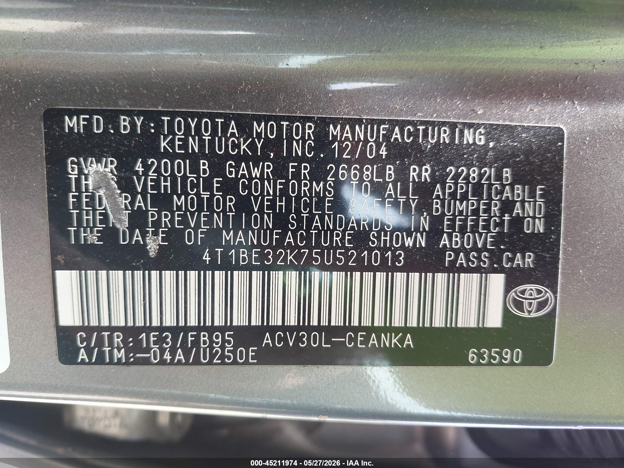 2005 Toyota Camry Le Gray vin: 4T1BE32K75U521013