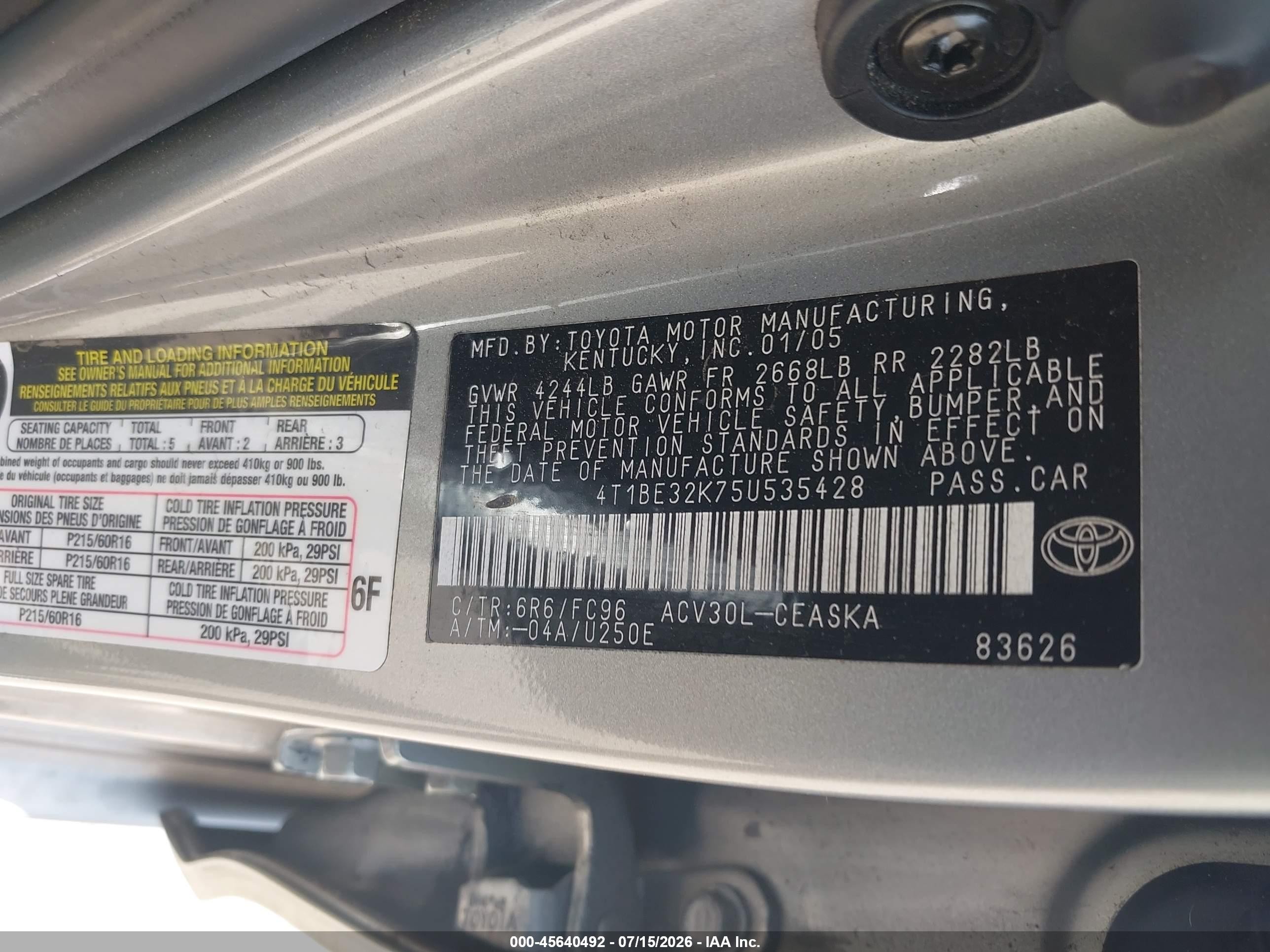 2005 Toyota Camry Se Champagne vin: 4T1BE32K75U535428