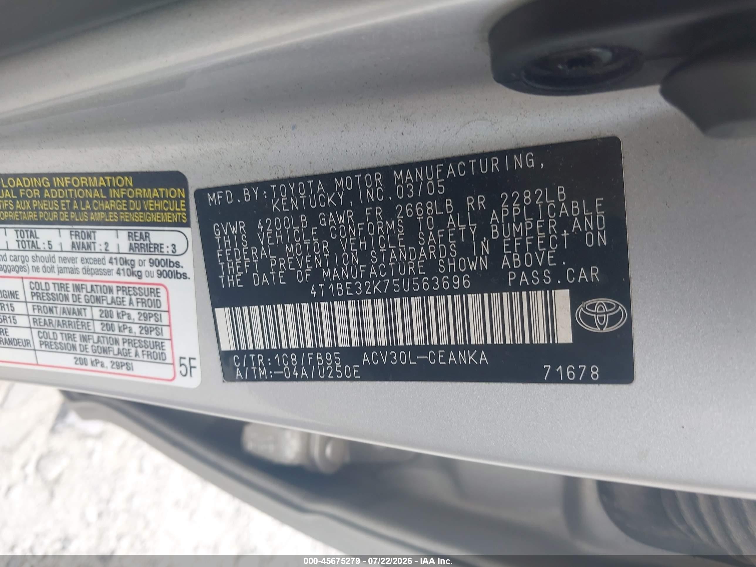 2005 Toyota Camry Le Серебряный vin: 4T1BE32K75U563696