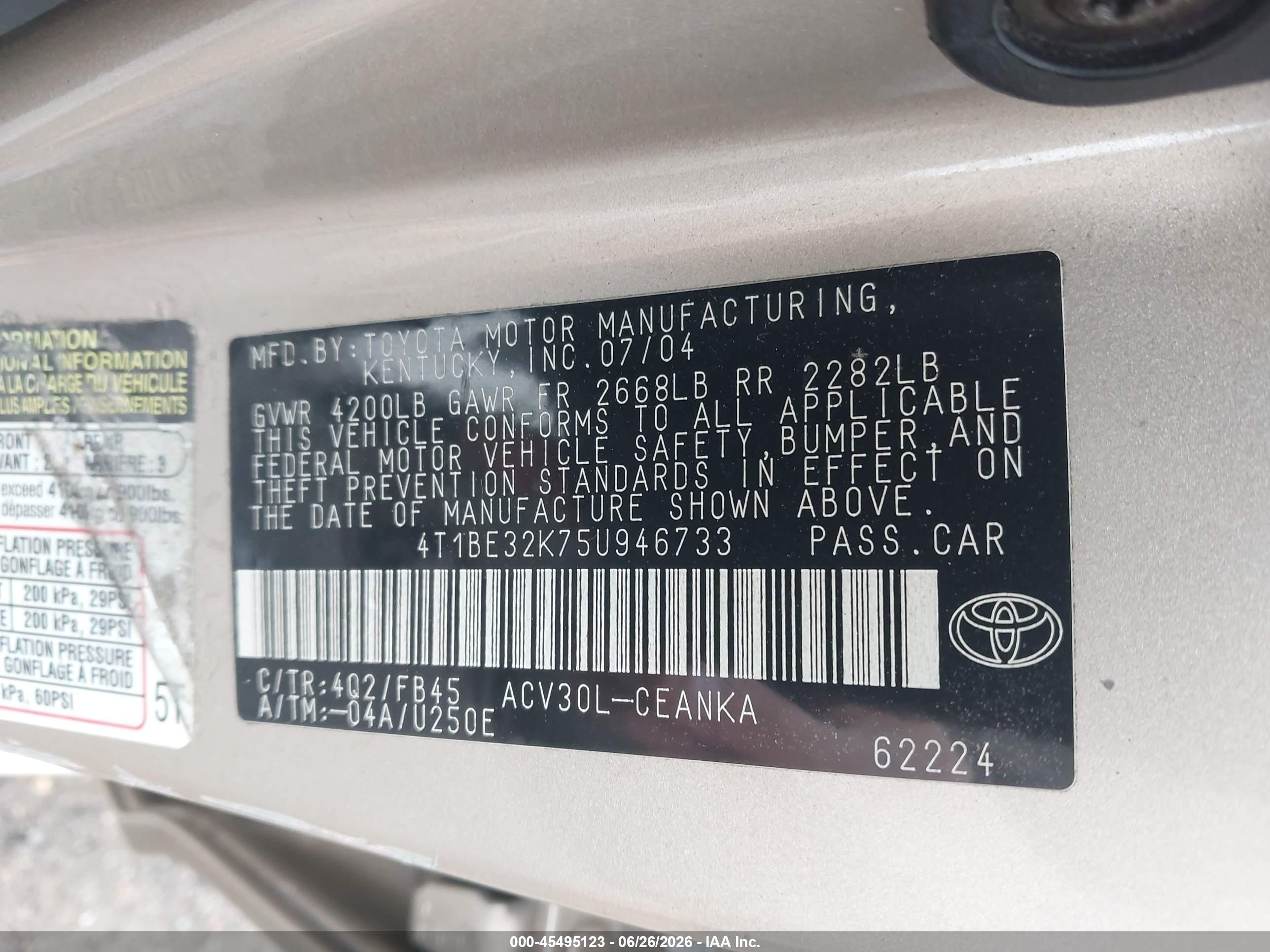 2005 Toyota Camry Std Tan vin: 4T1BE32K75U946733