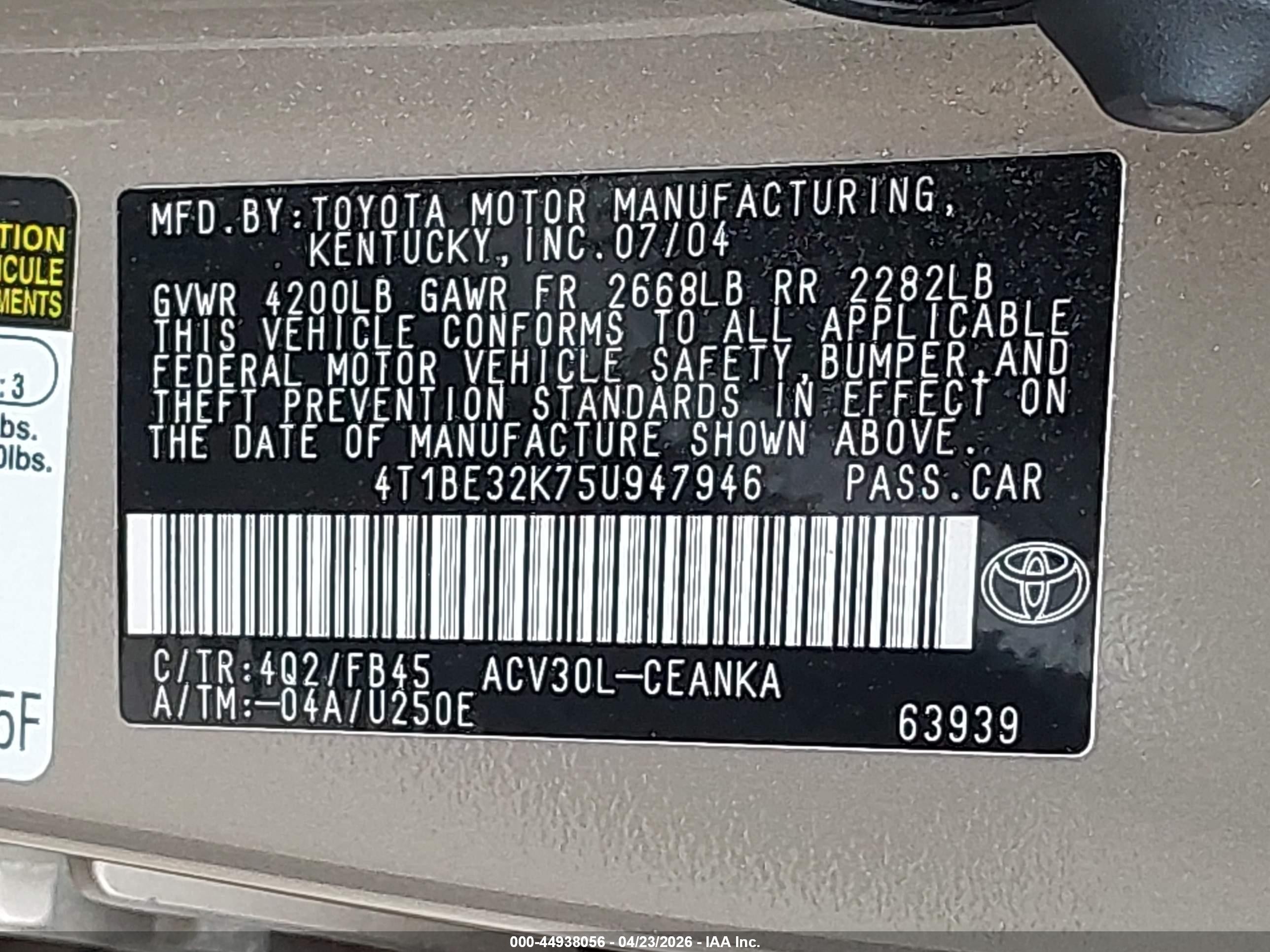 2005 Toyota Camry Le Tan vin: 4T1BE32K75U947946