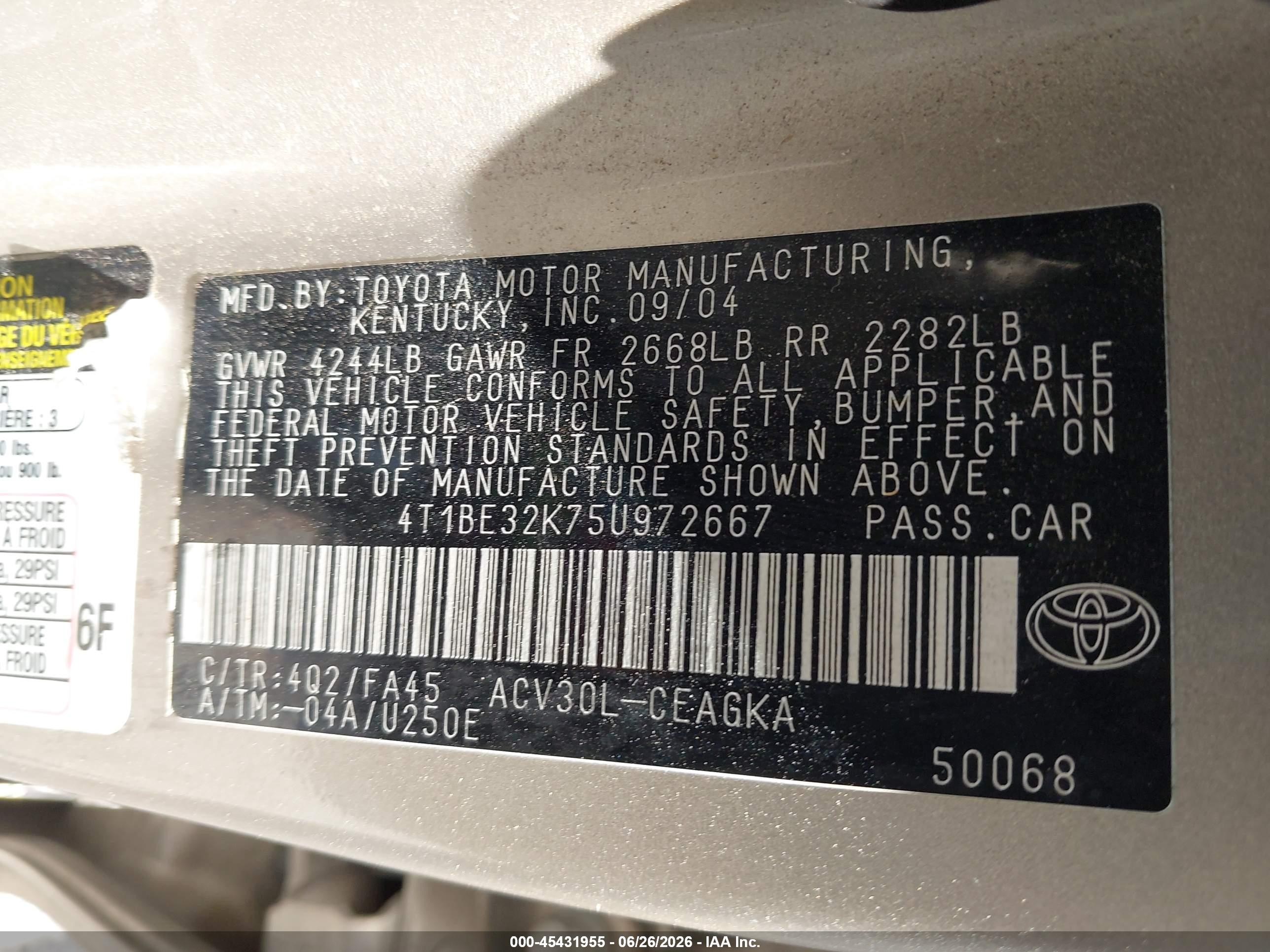 2005 Toyota Camry Xle Tan vin: 4T1BE32K75U972667