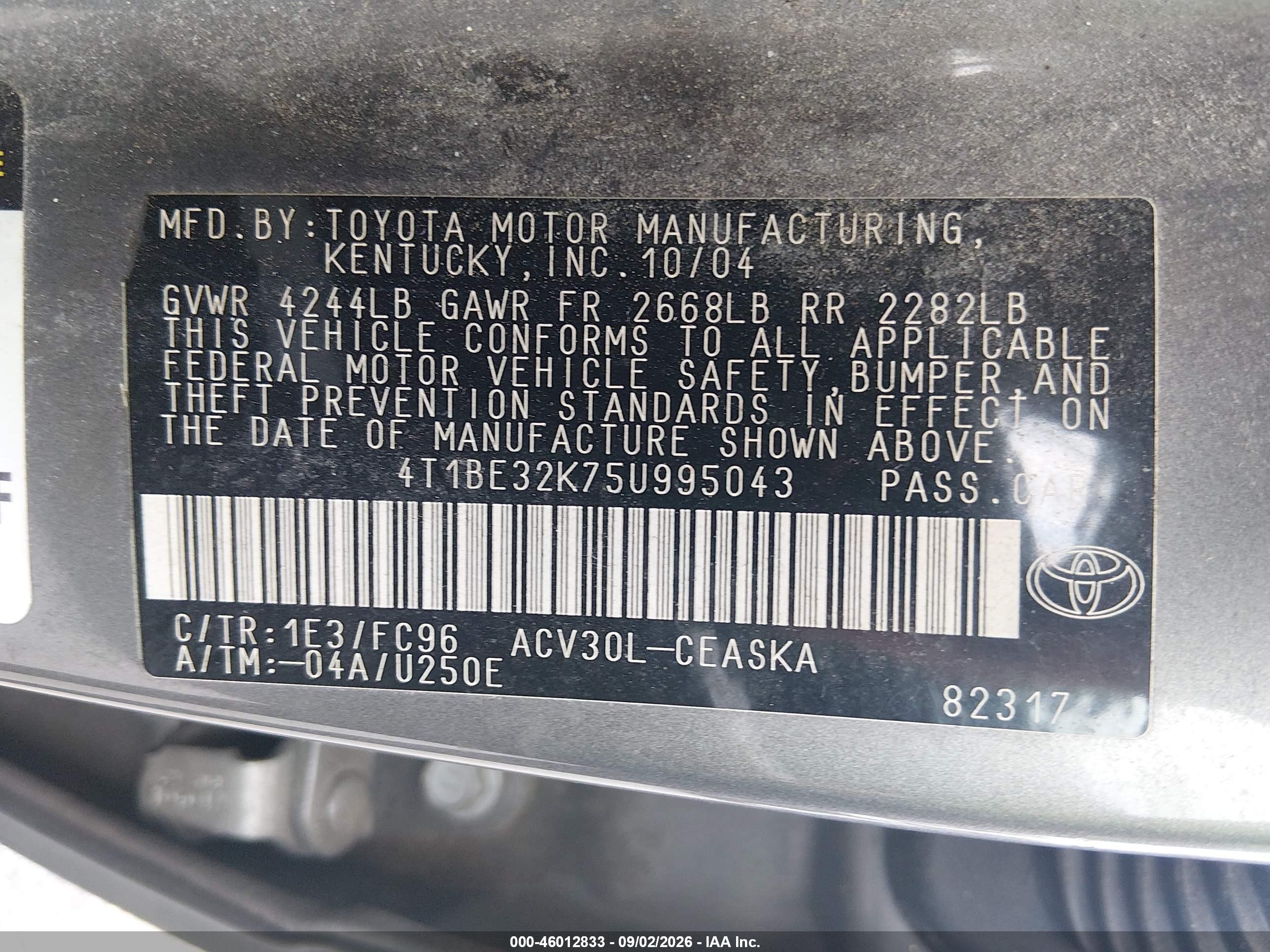 2005 Toyota Camry Se Gray vin: 4T1BE32K75U995043