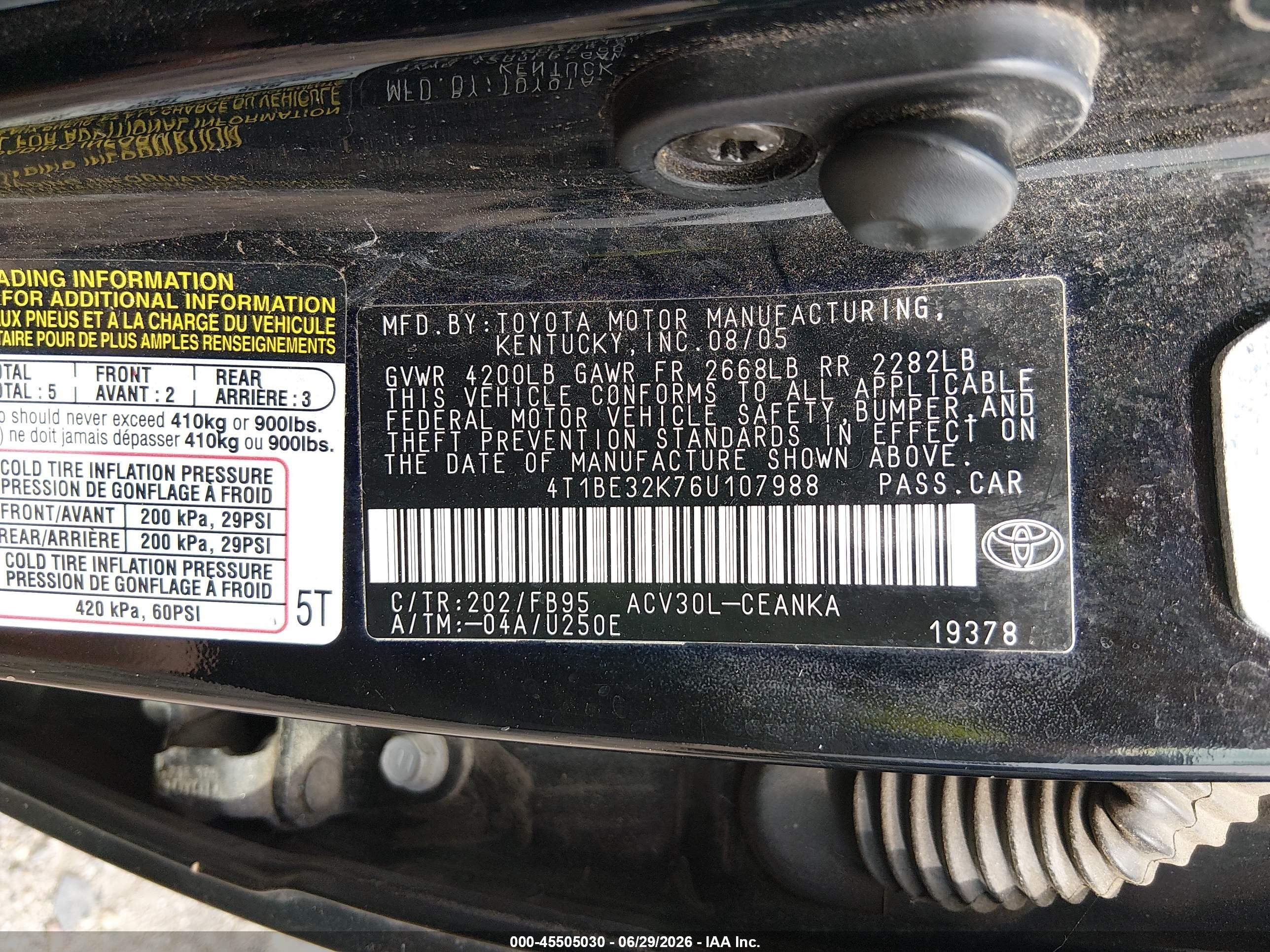 2006 Toyota Camry Std Black vin: 4T1BE32K76U107988
