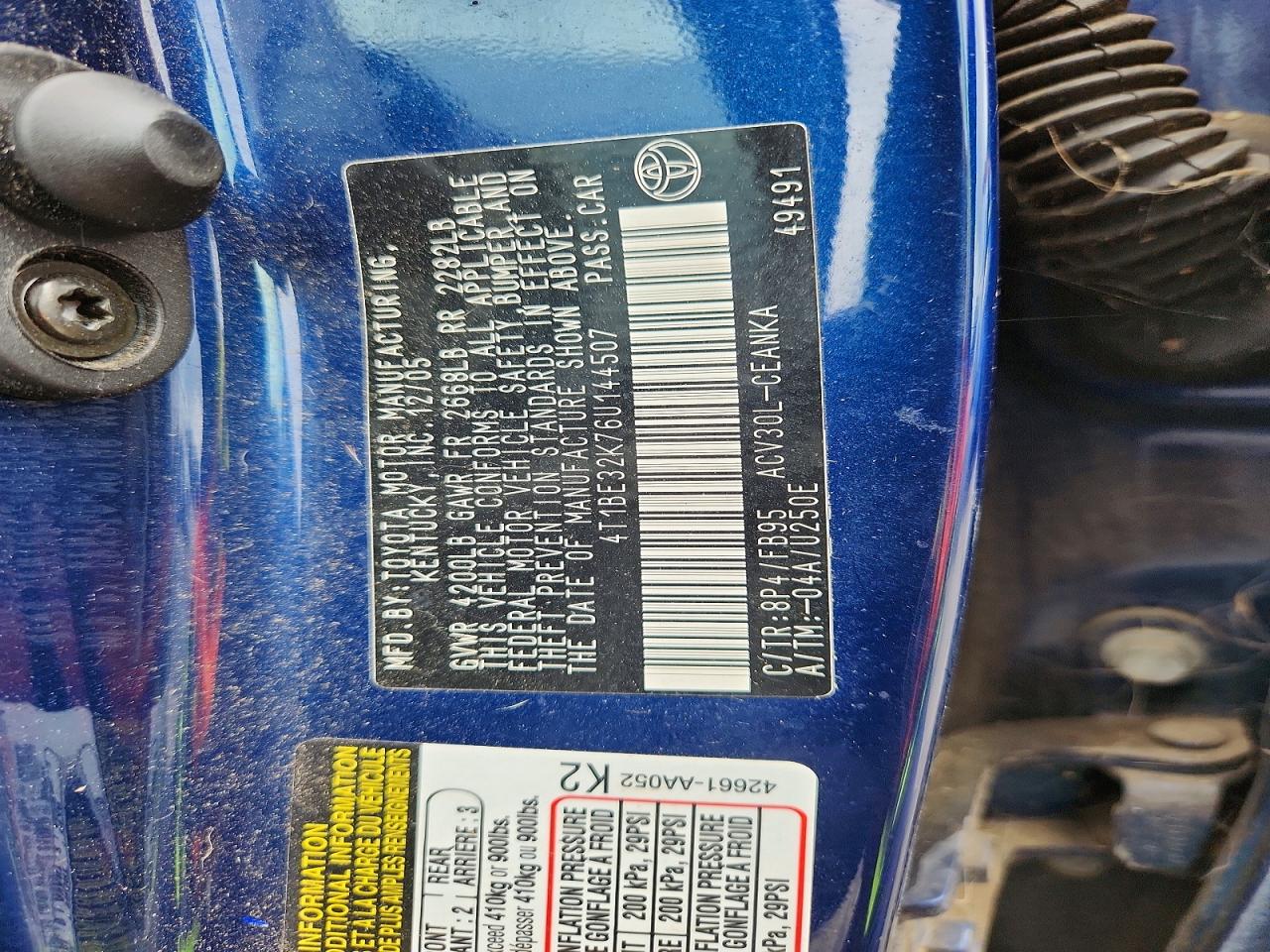 2006 Toyota Camry Le Blue vin: 4T1BE32K76U144507