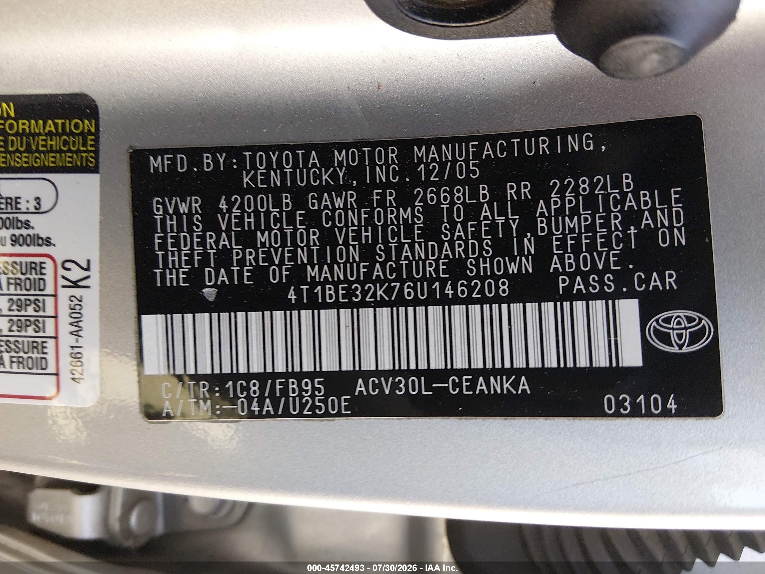 2006 Toyota Camry Le Silver vin: 4T1BE32K76U146208