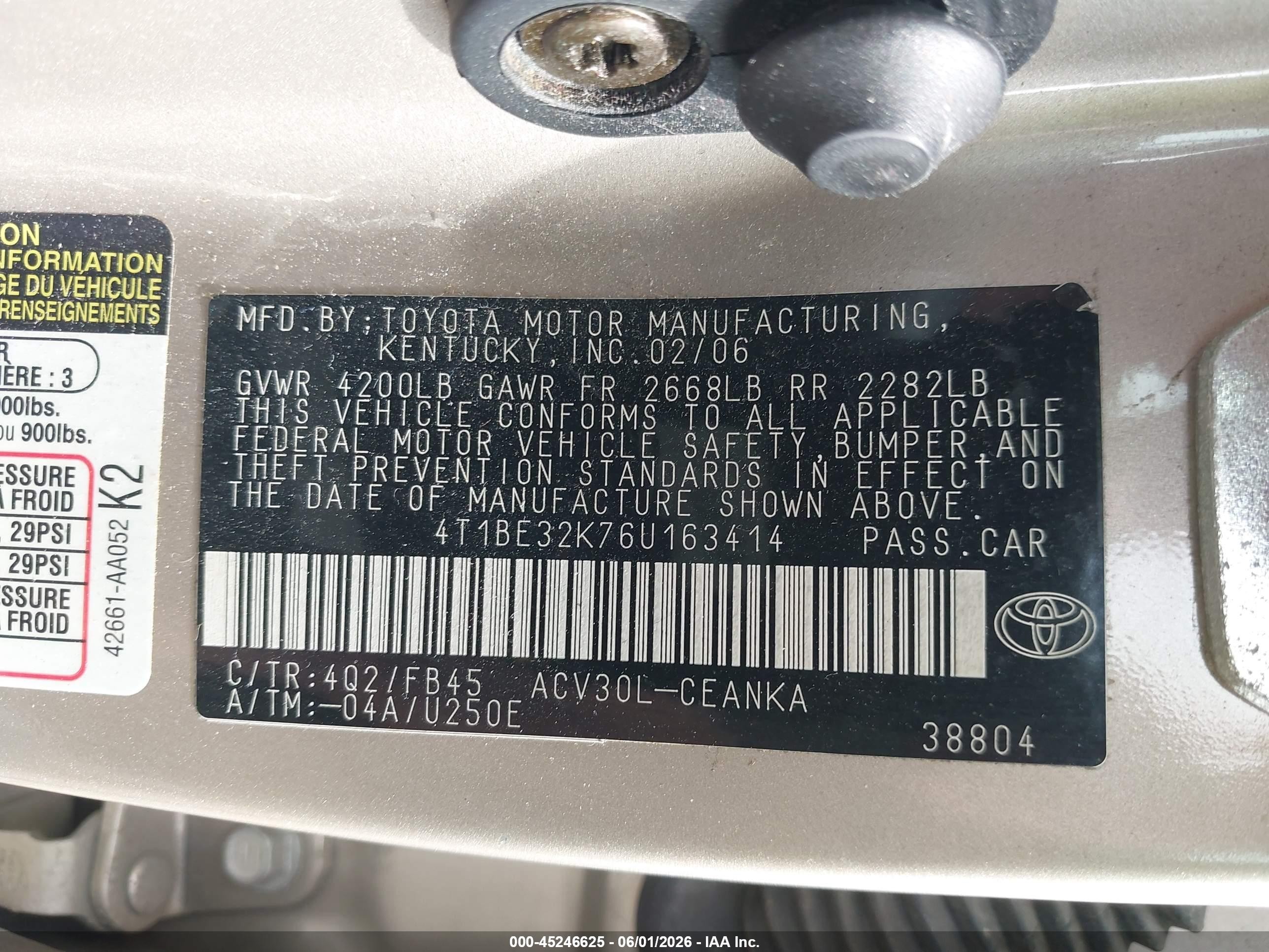 2006 Toyota Camry Le Tan vin: 4T1BE32K76U163414