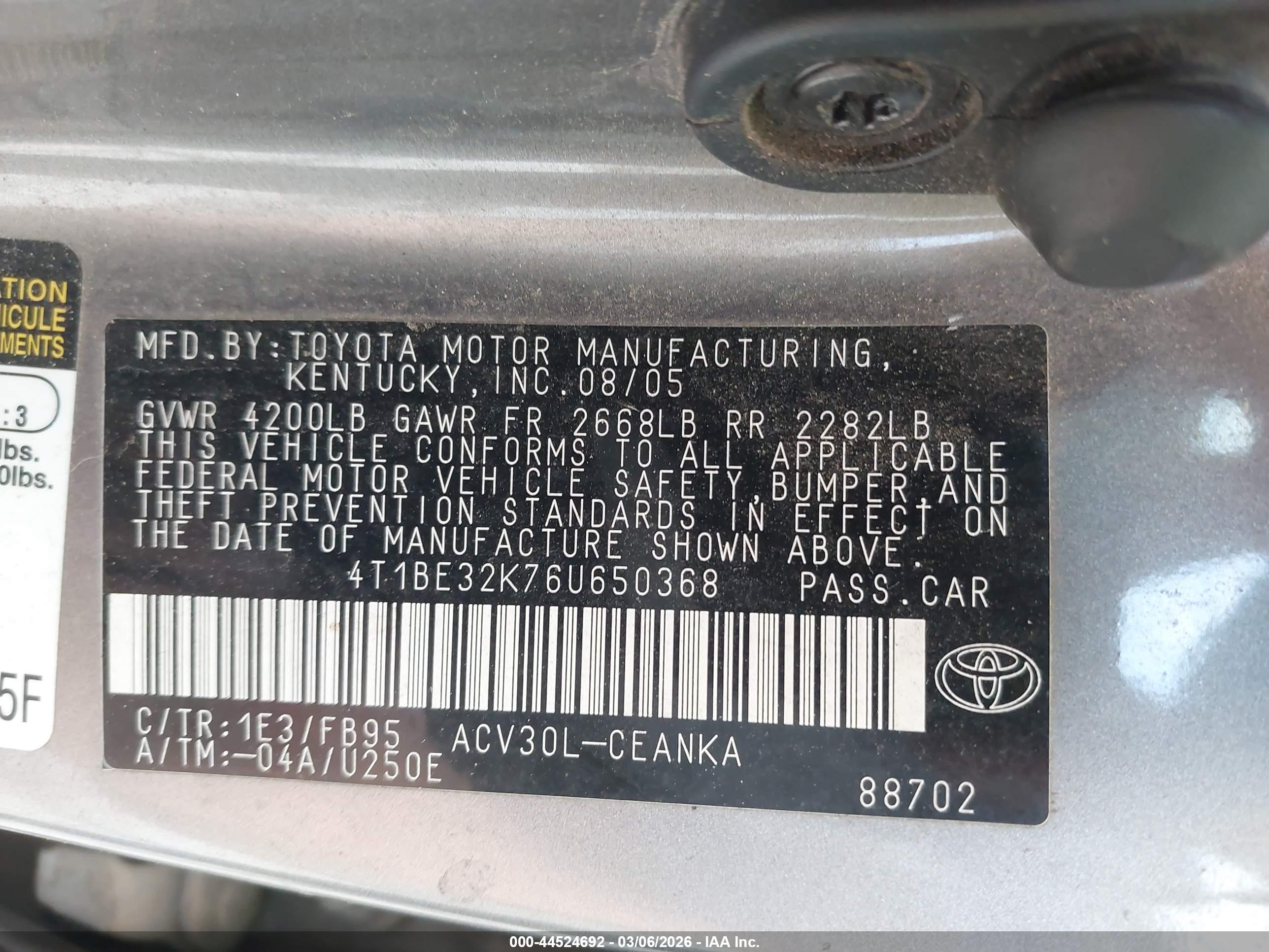 2006 Toyota Camry Le Серый vin: 4T1BE32K76U650368