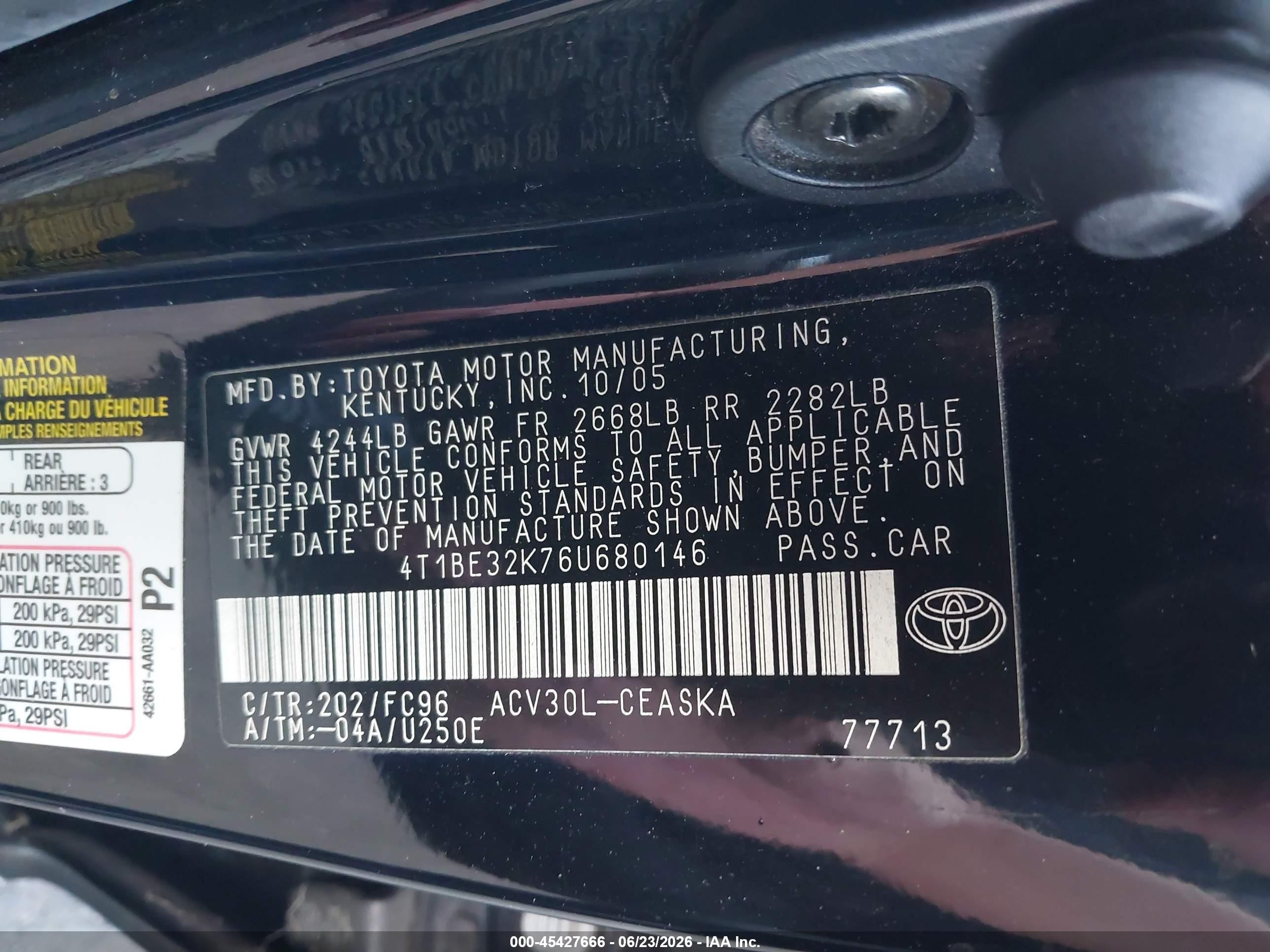 2006 Toyota Camry Se Black vin: 4T1BE32K76U680146