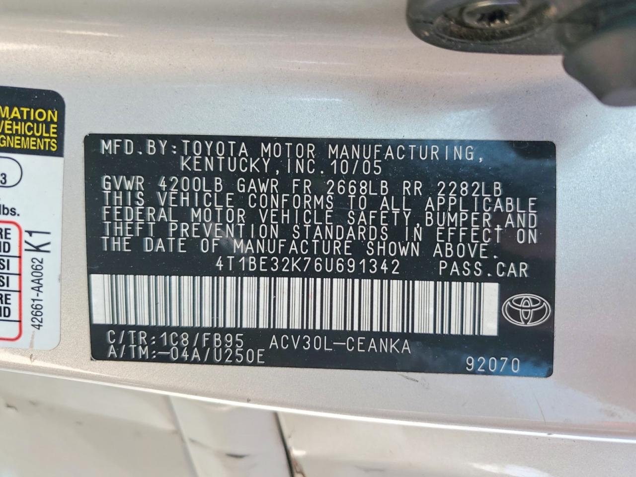 2006 Toyota Camry Standard Silver vin: 4T1BE32K76U691342