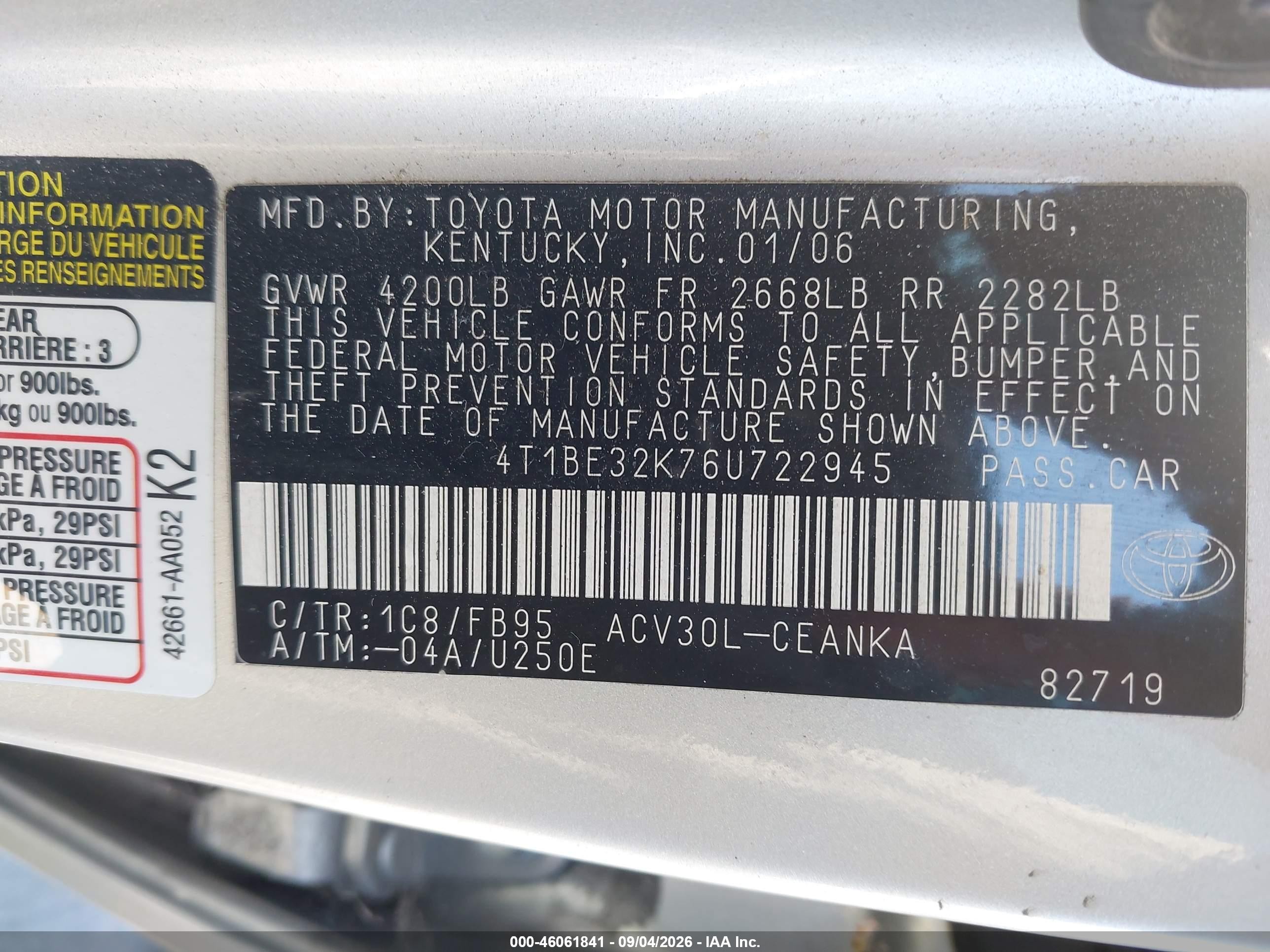 2006 Toyota Camry Le Серебряный vin: 4T1BE32K76U722945