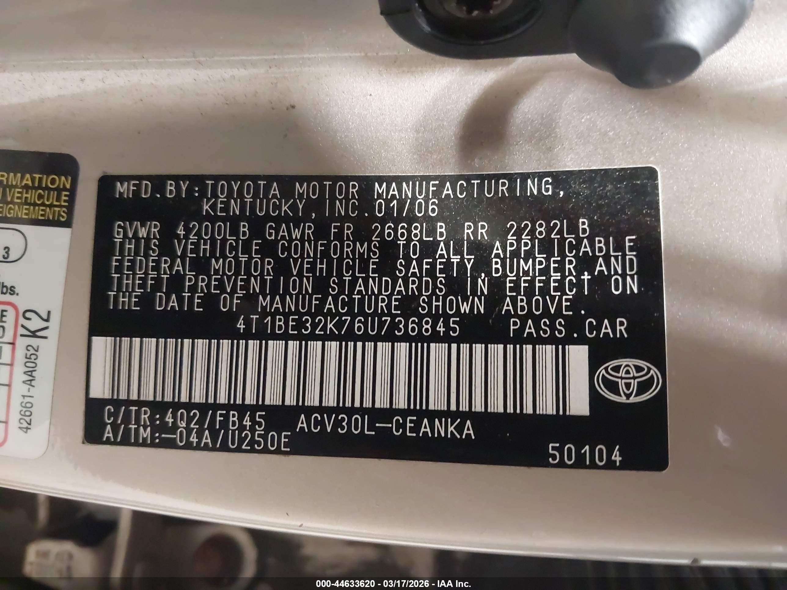 2006 Toyota Camry Le Tan vin: 4T1BE32K76U736845