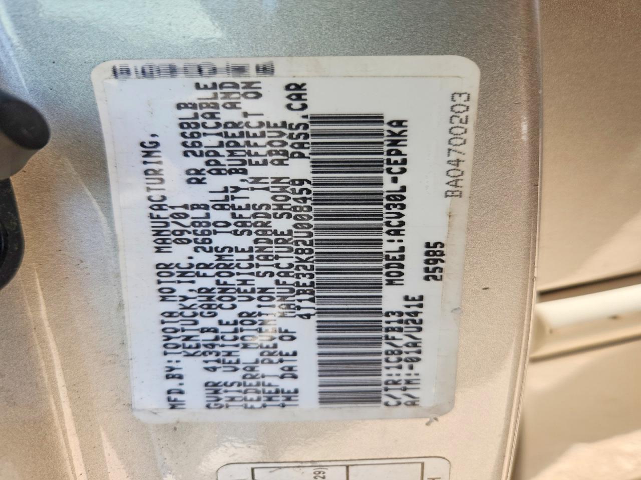 2002 Toyota Camry Le Silver vin: 4T1BE32K82U008459