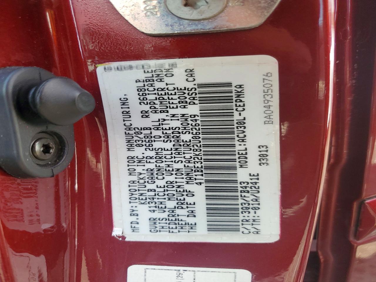 2002 Toyota Camry Le Maroon vin: 4T1BE32K82U062649