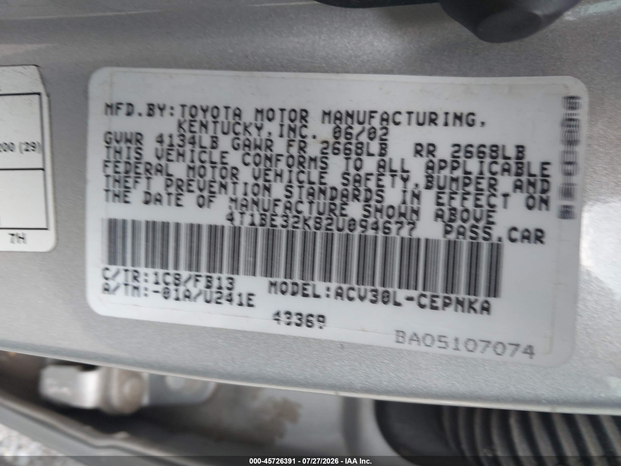 2002 Toyota Camry Le Silver vin: 4T1BE32K82U094677