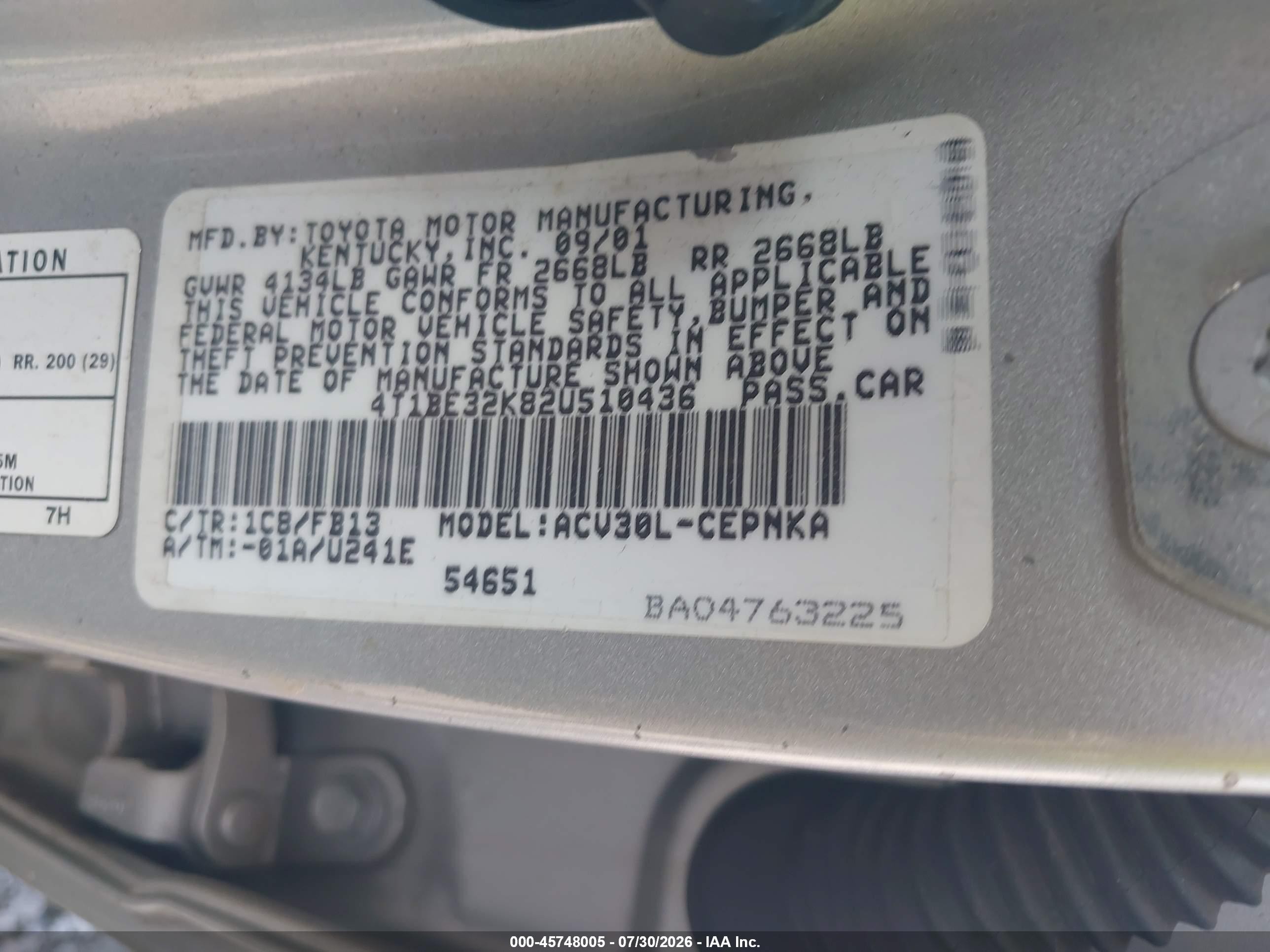 2002 Toyota Camry Le Серебряный vin: 4T1BE32K82U510436