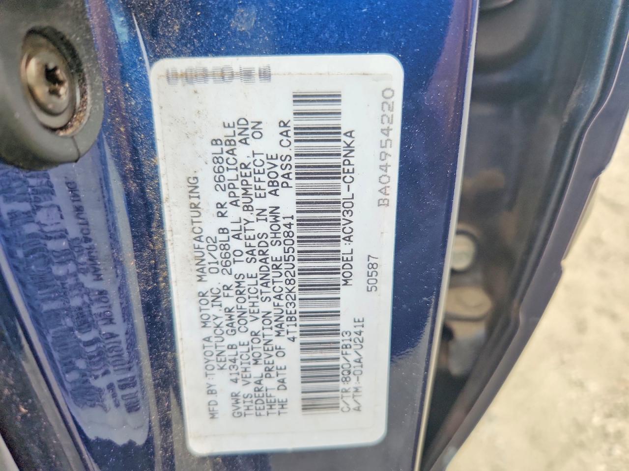 2002 Toyota Camry Le Синий vin: 4T1BE32K82U550841
