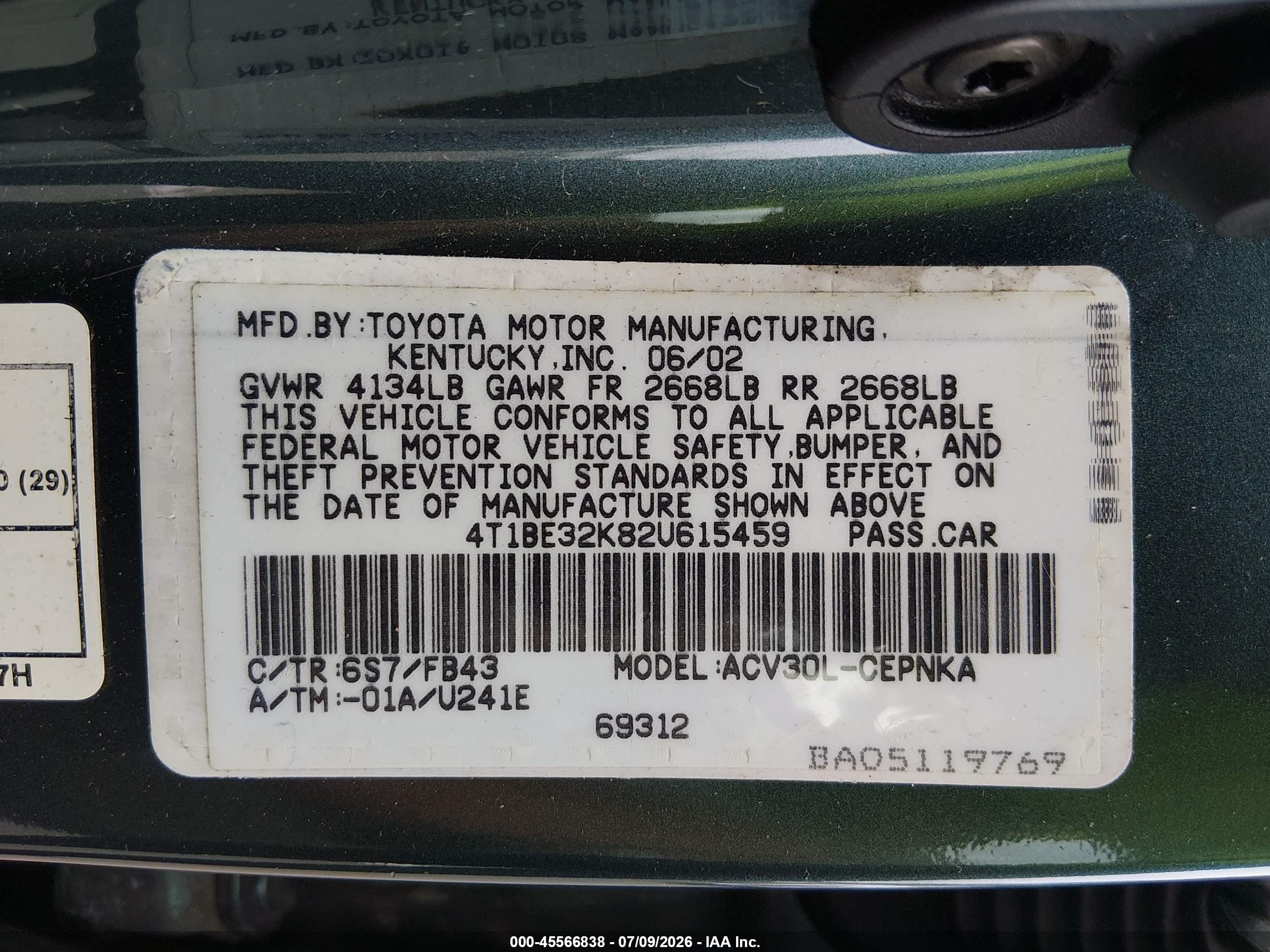 2002 Toyota Camry Le Зеленый vin: 4T1BE32K82U615459