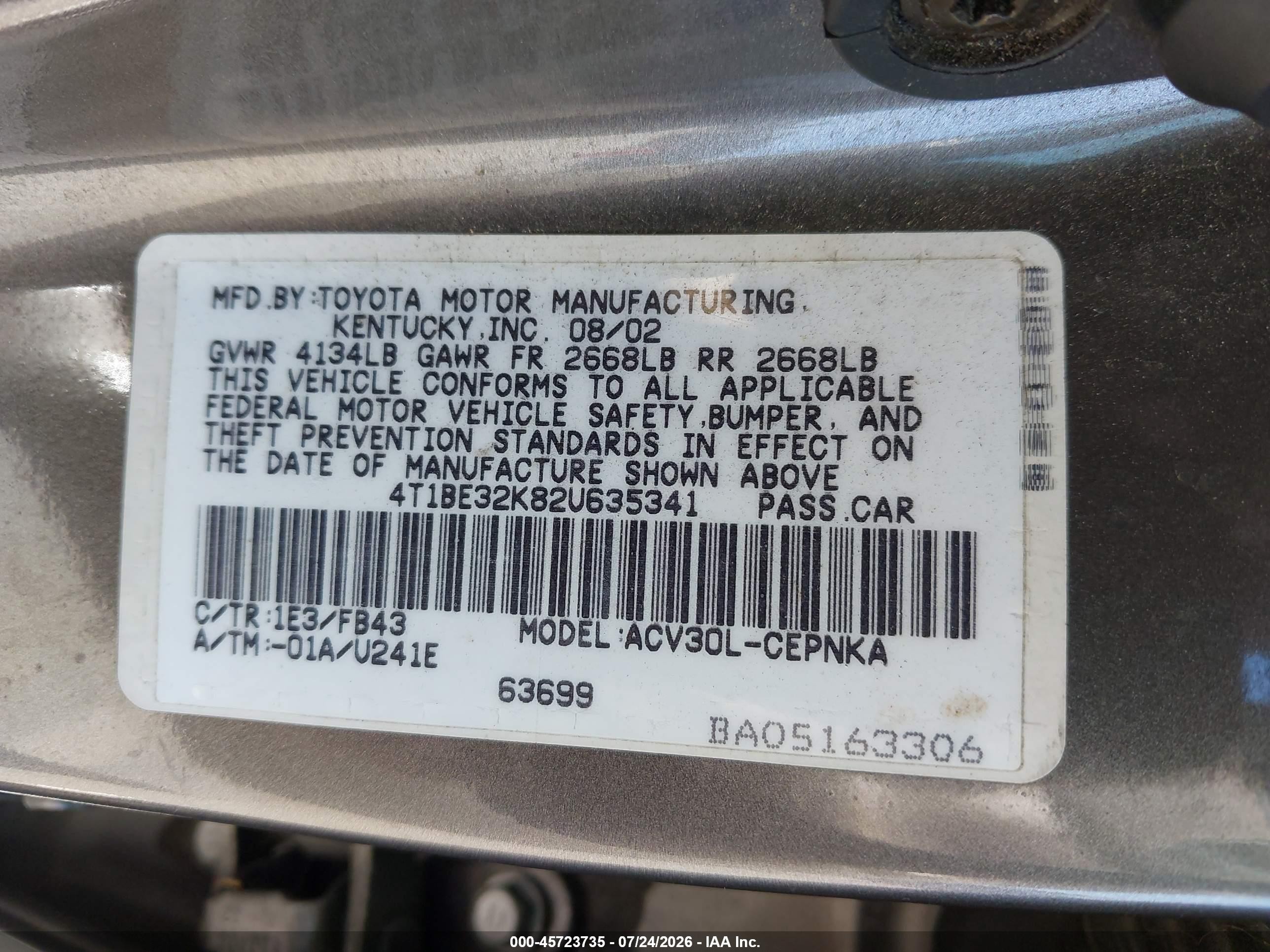 2002 Toyota Camry Le Gray vin: 4T1BE32K82U635341