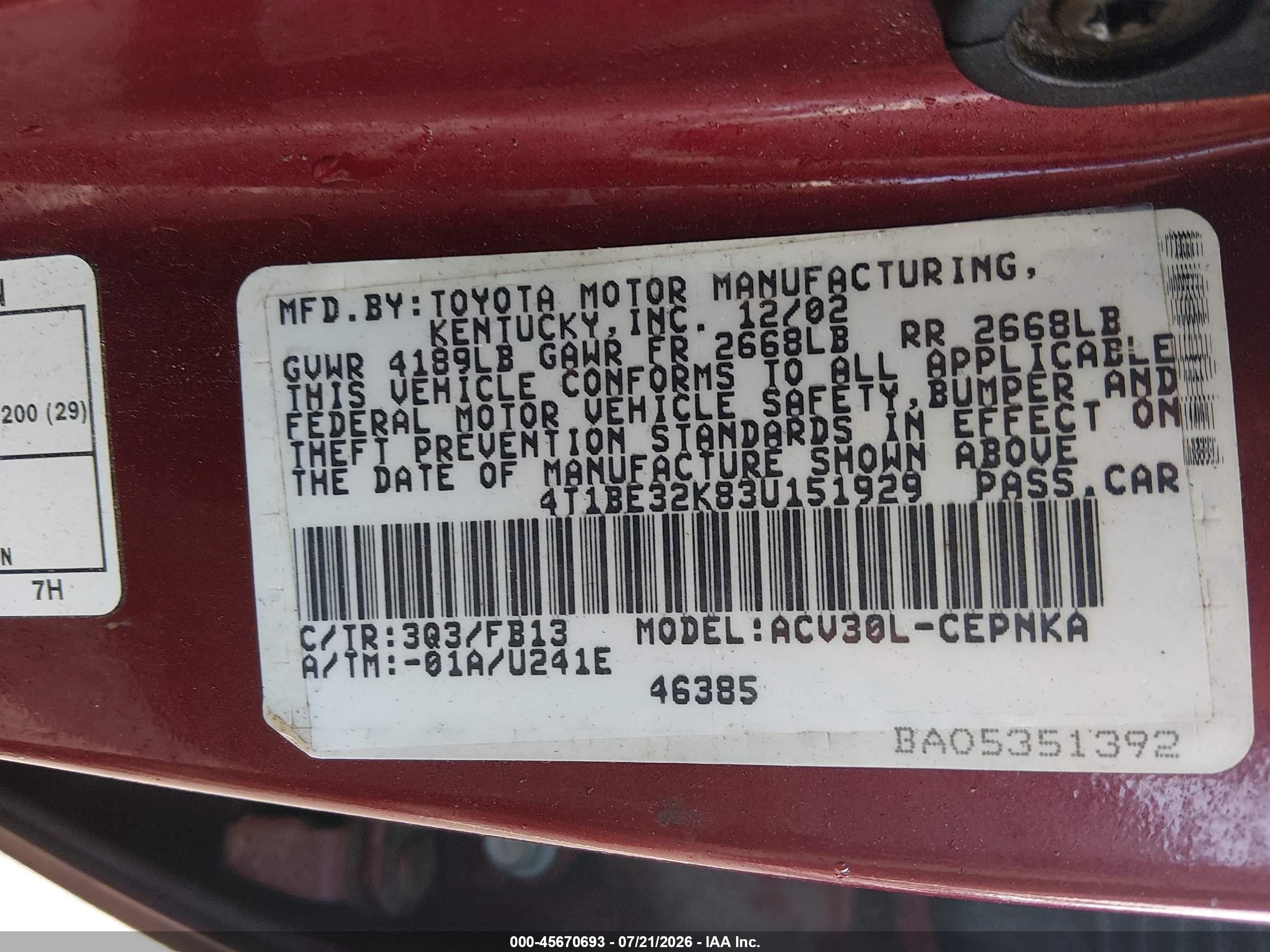 2003 Toyota Camry Le/xle/se Red vin: 4T1BE32K83U151929