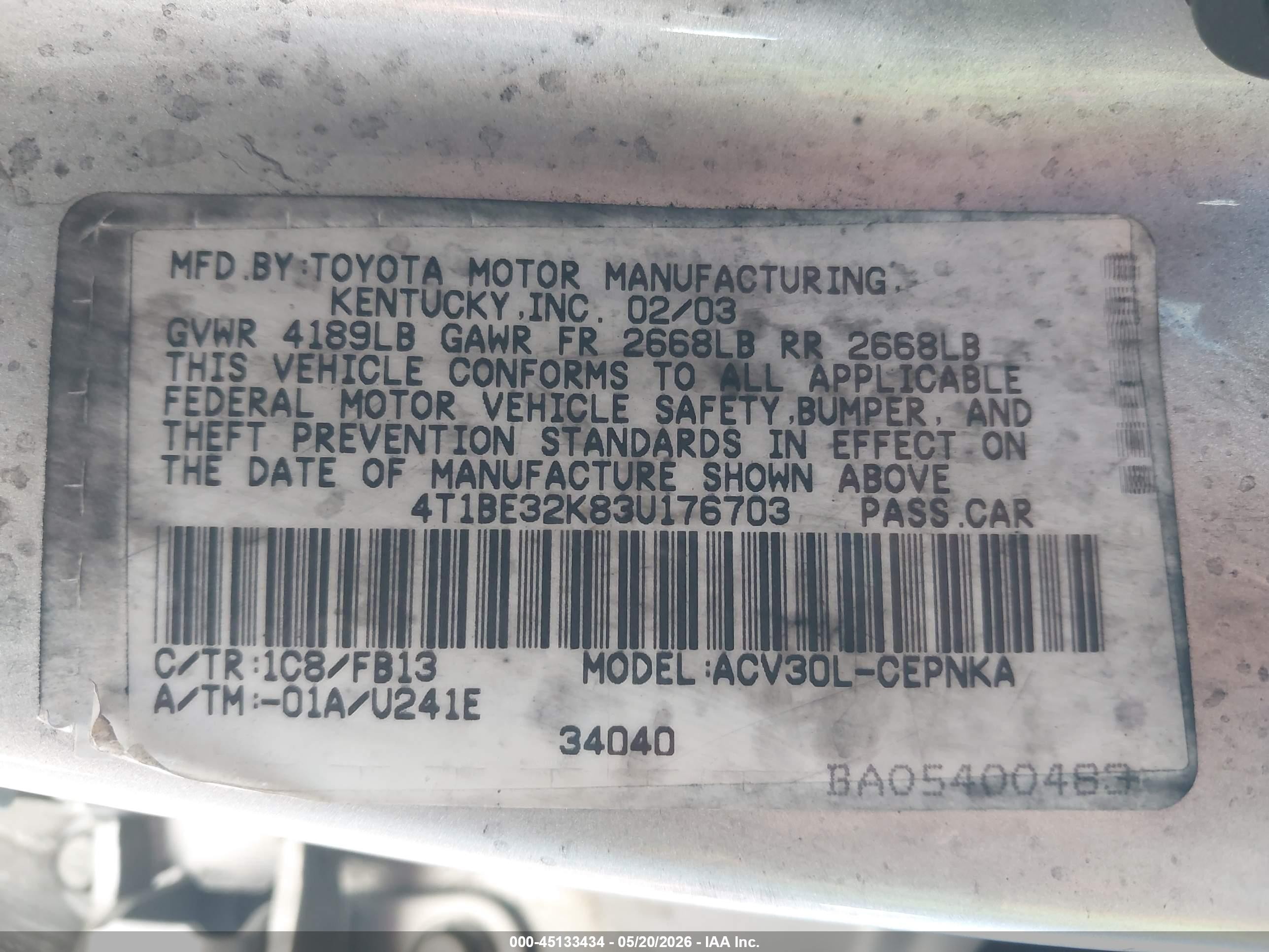 2003 Toyota Camry Le Silver vin: 4T1BE32K83U176703