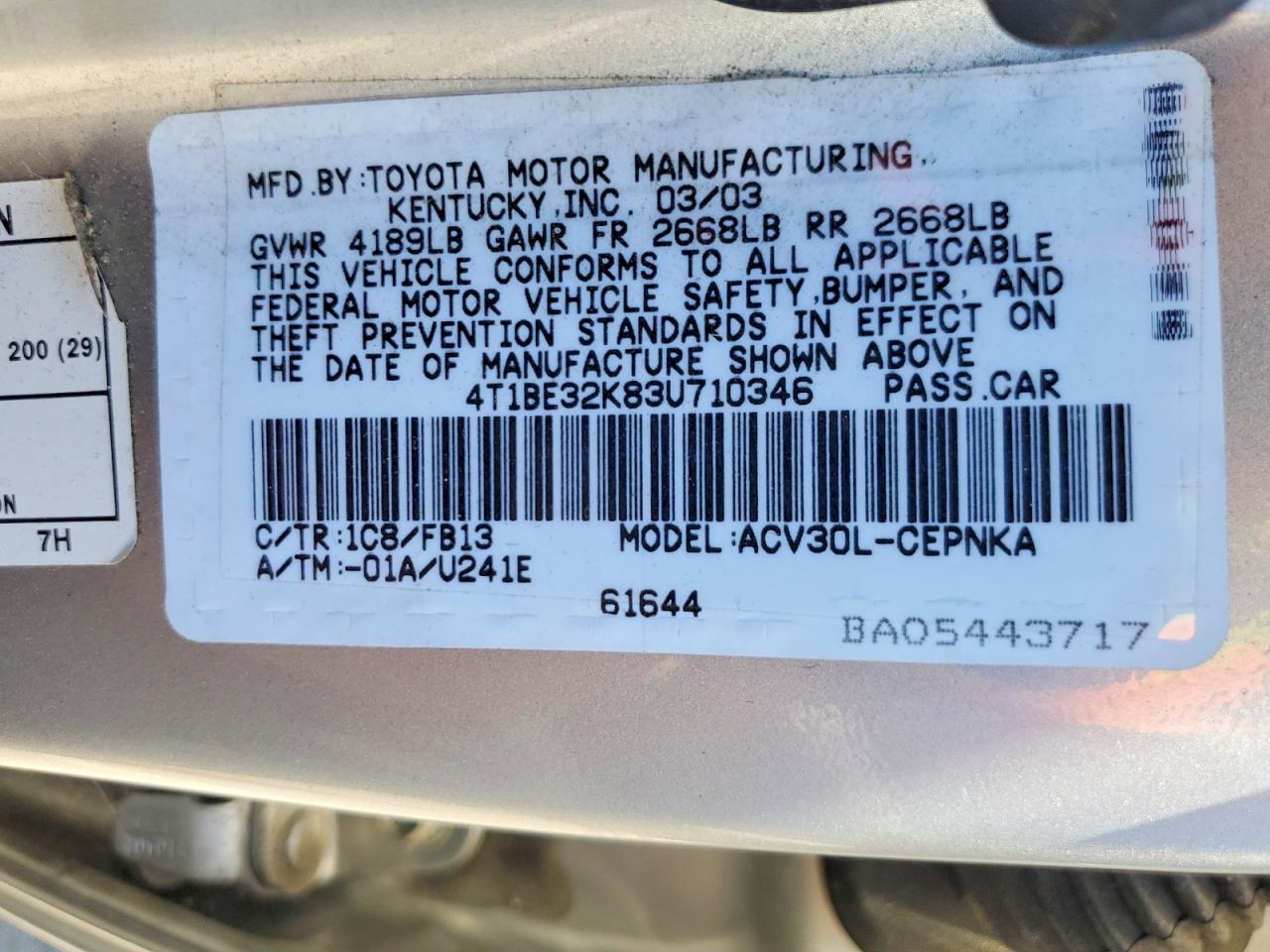2003 Toyota Camry Le Silver vin: 4T1BE32K83U710346