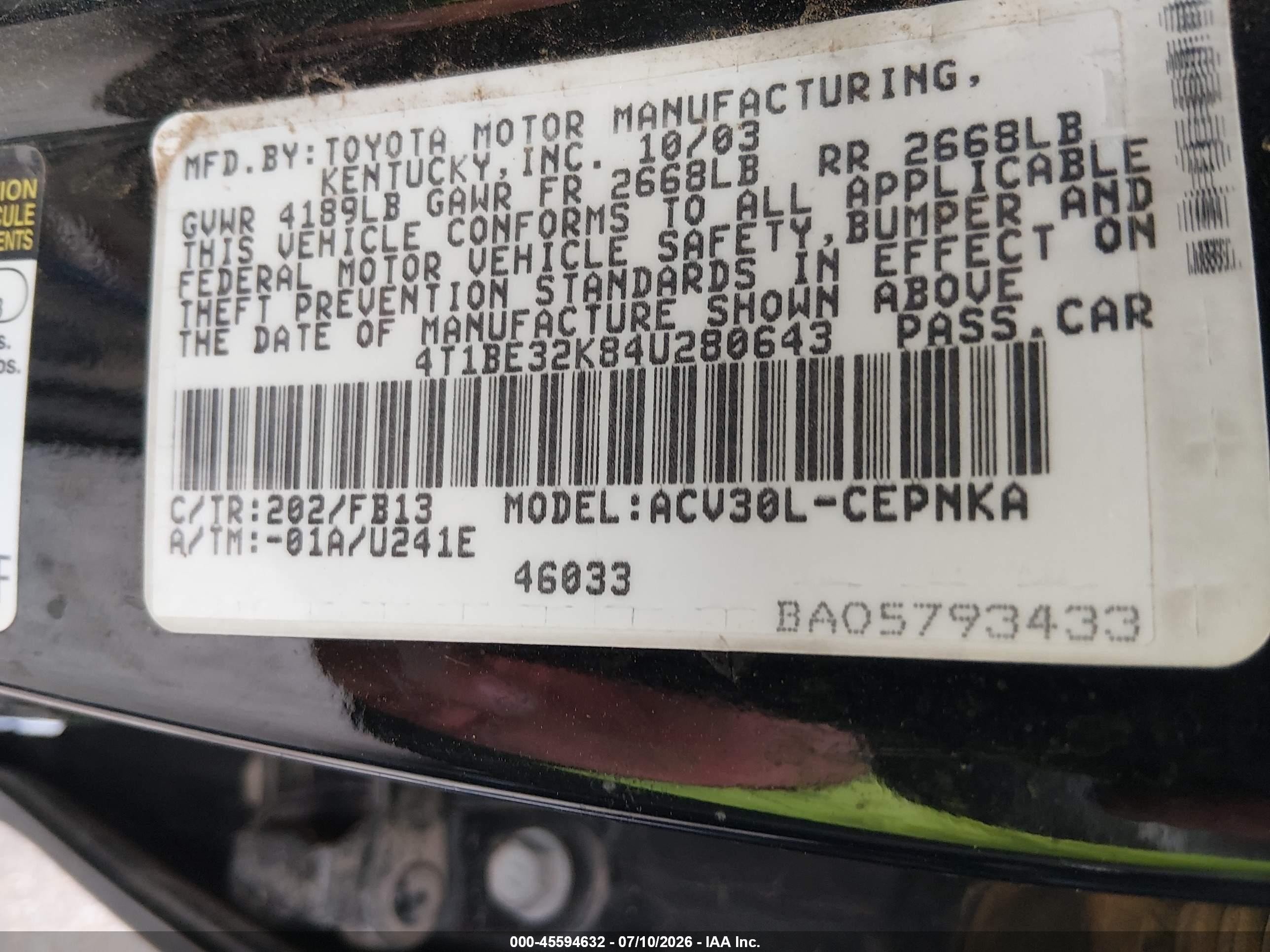 2004 Toyota Camry Le Черный vin: 4T1BE32K84U280643