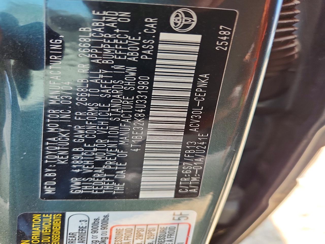 2004 Toyota Camry Le Green vin: 4T1BE32K84U331980