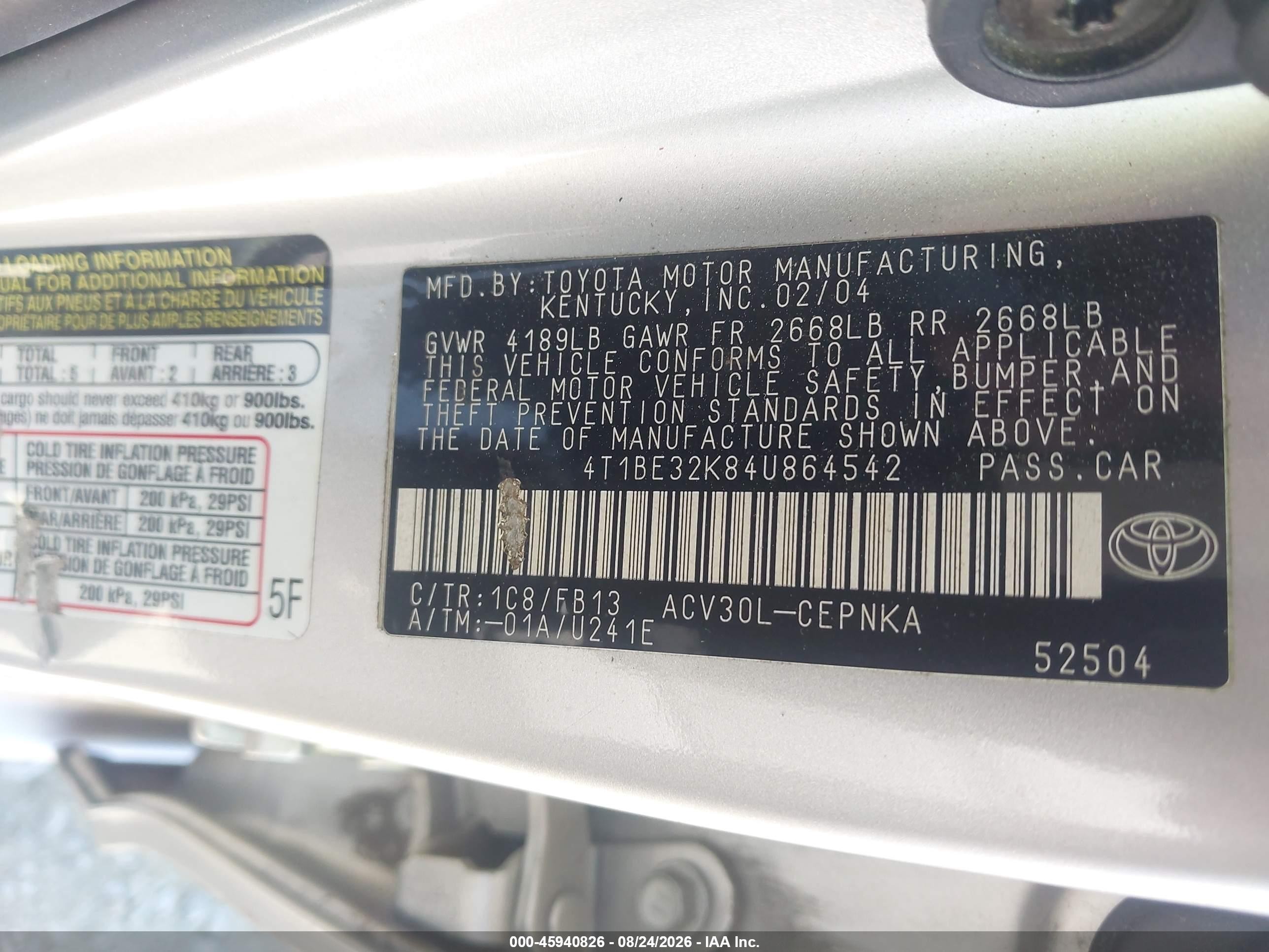 2004 Toyota Camry Le Серый vin: 4T1BE32K84U864542