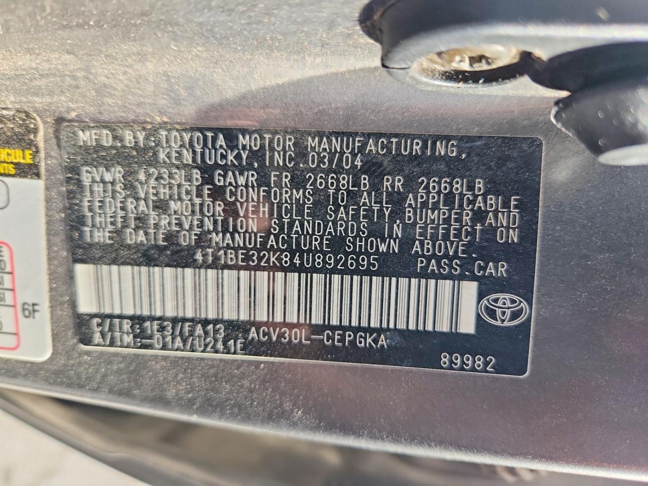 2004 Toyota Camry Xle Gray vin: 4T1BE32K84U892695