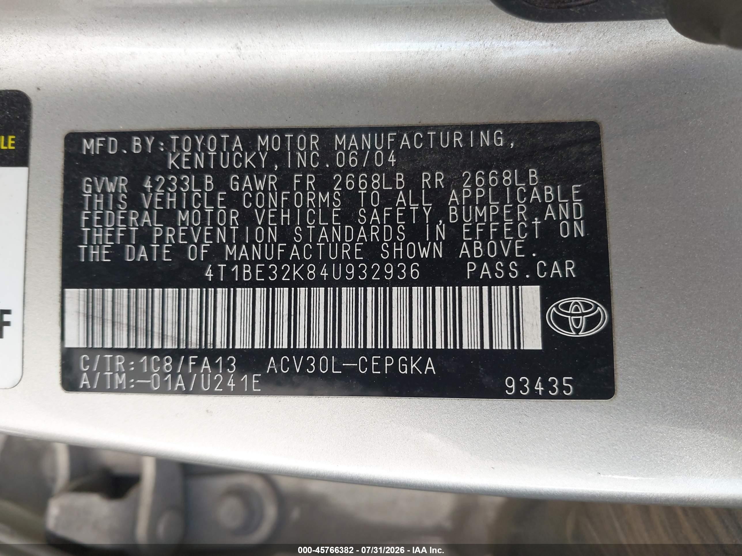 2004 Toyota Camry Xle Серебряный vin: 4T1BE32K84U932936