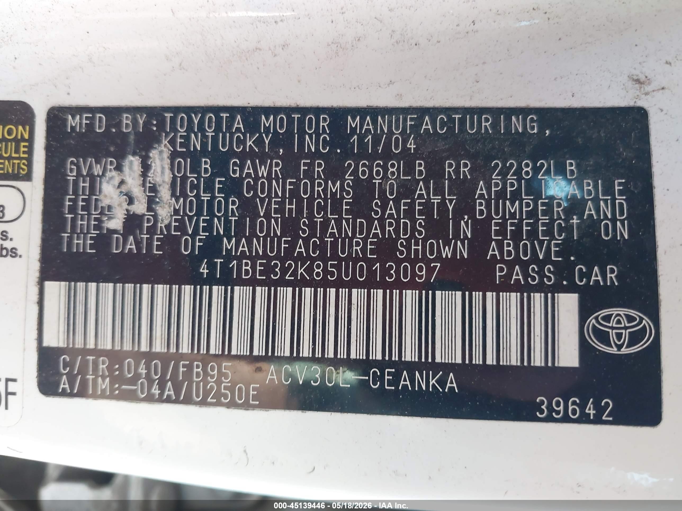 2005 Toyota Camry Le White vin: 4T1BE32K85U013097