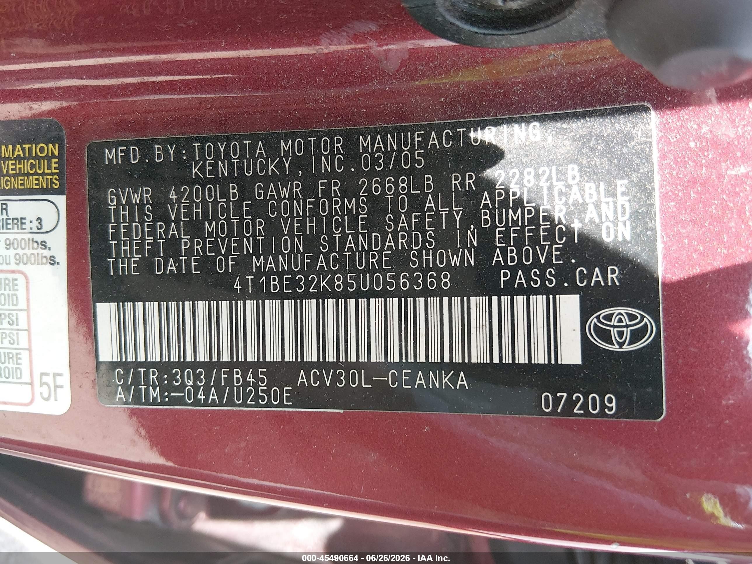 2005 Toyota Camry Le Burgundy vin: 4T1BE32K85U056368