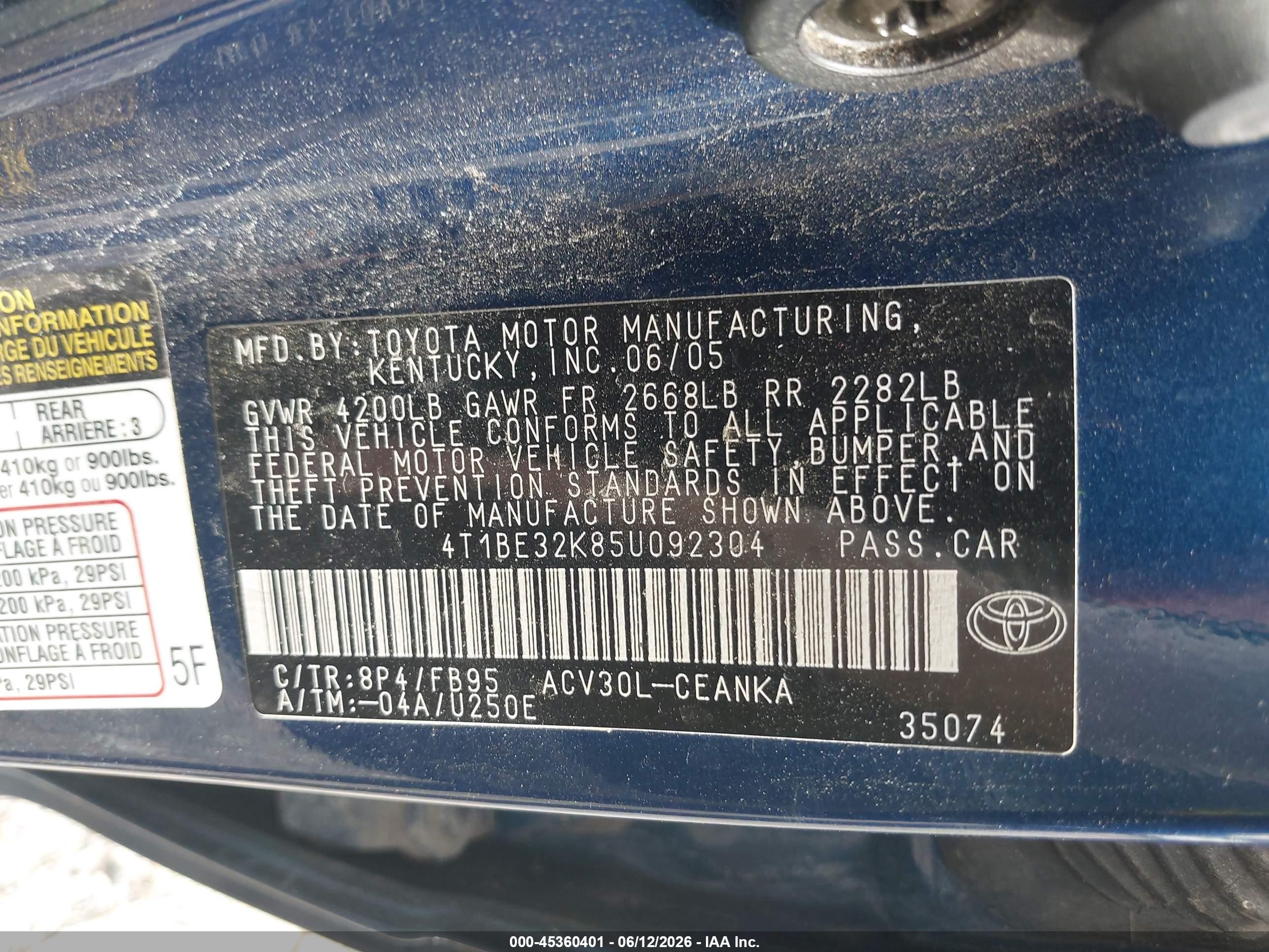 2005 Toyota Camry Le Синий vin: 4T1BE32K85U092304