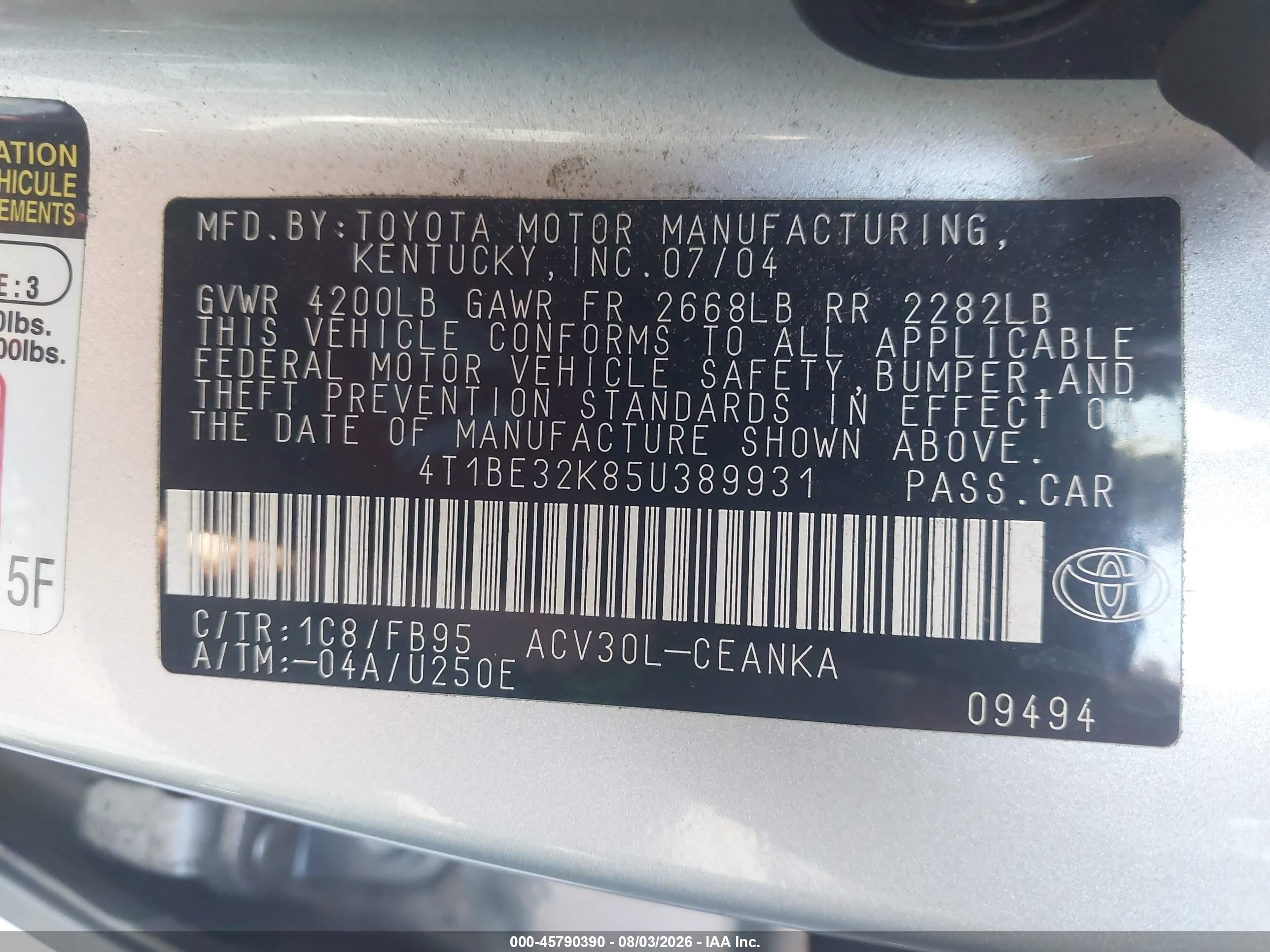 2005 Toyota Camry Le Silver vin: 4T1BE32K85U389931