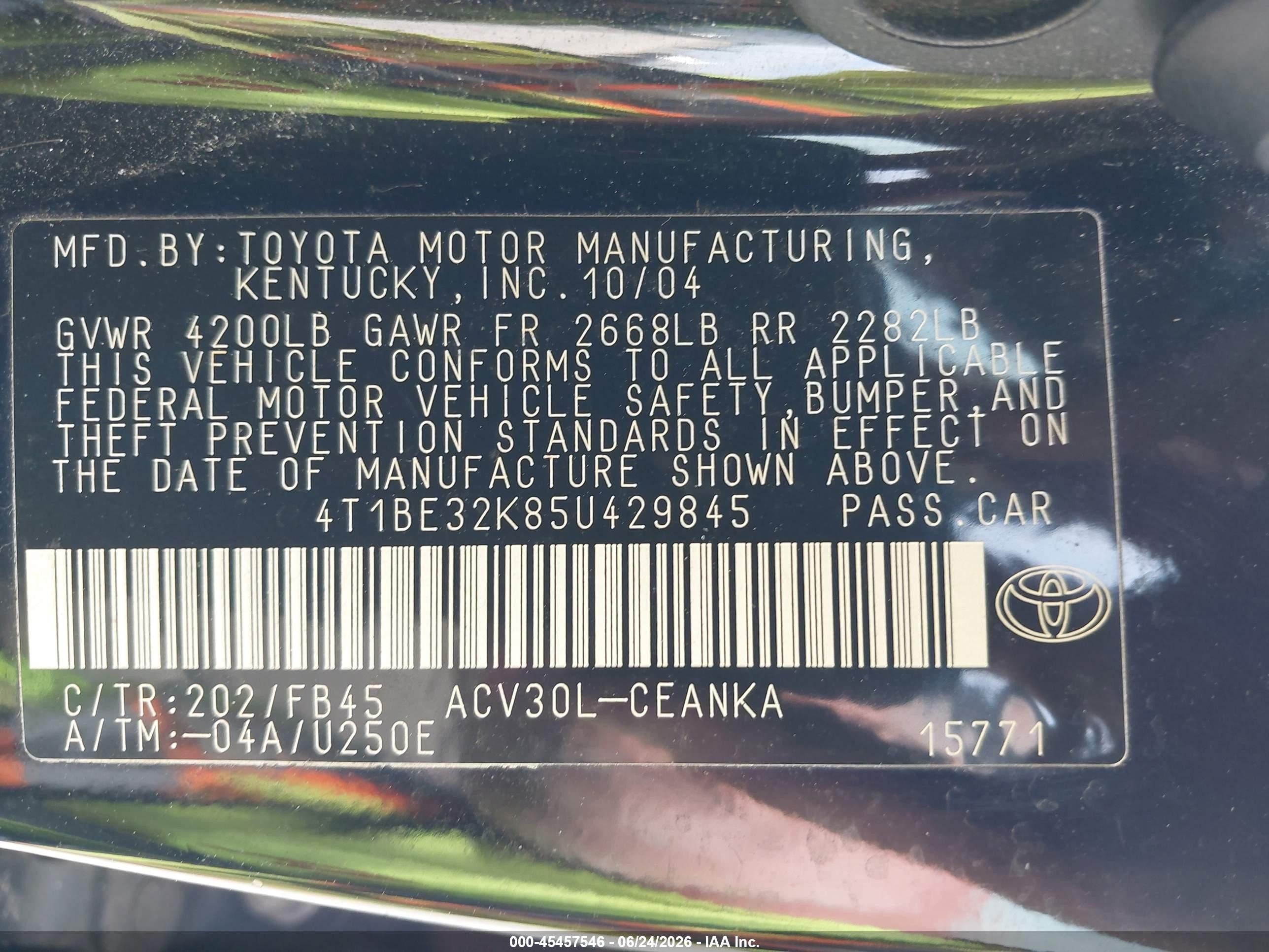 2005 Toyota Camry Le Black vin: 4T1BE32K85U429845