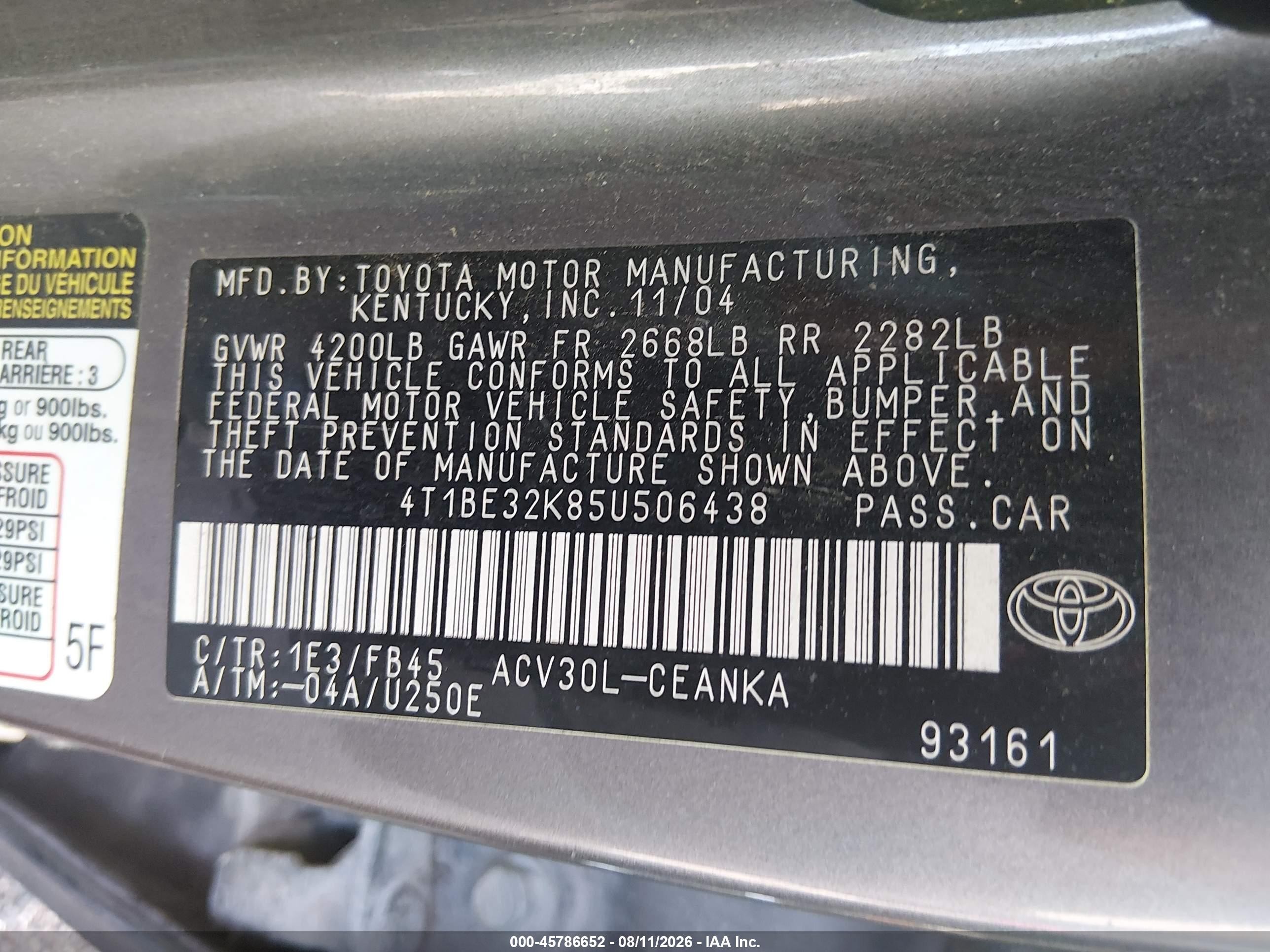 2005 Toyota Camry Le Серый vin: 4T1BE32K85U506438