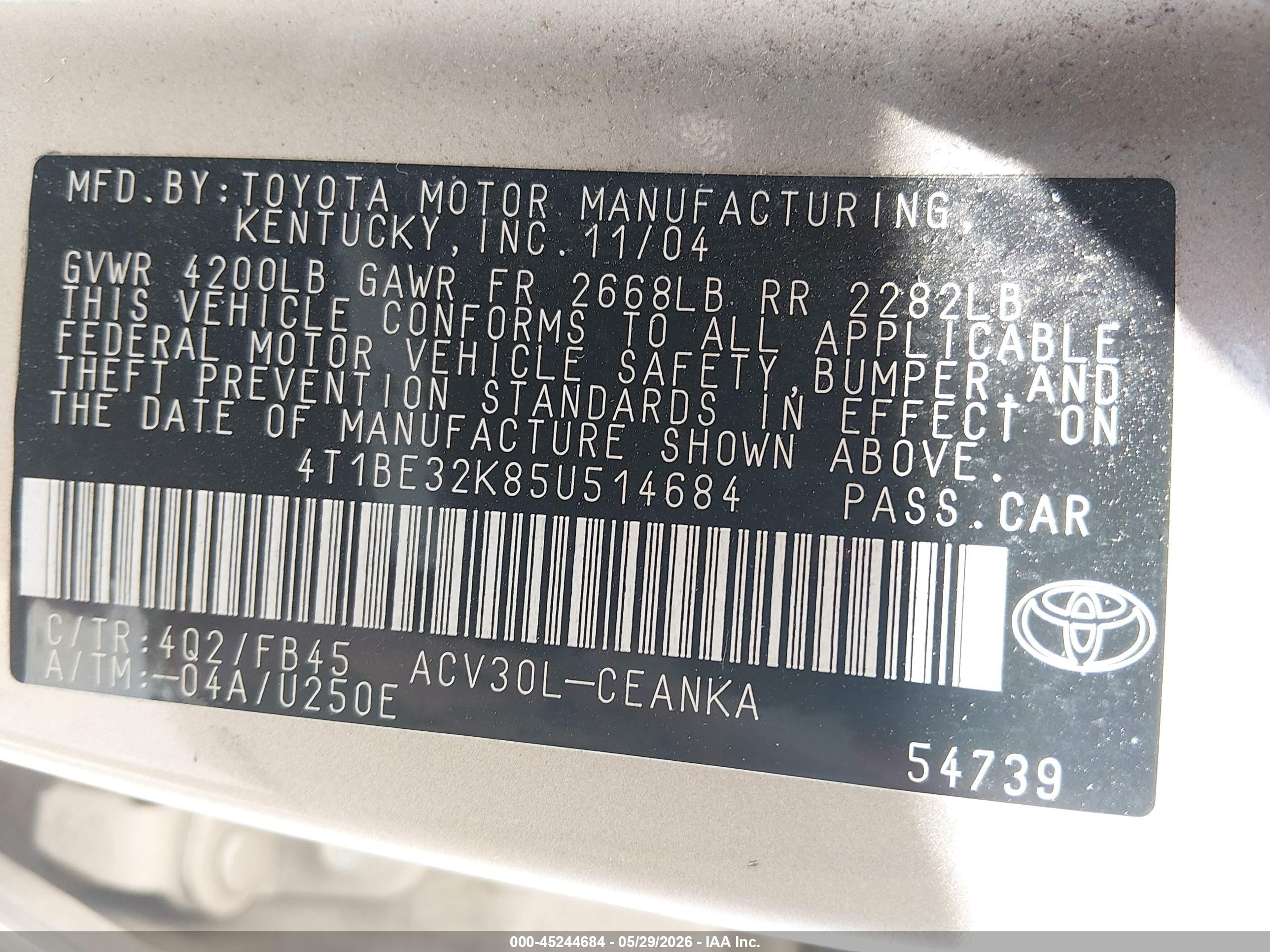 2005 Toyota Camry Std Beige vin: 4T1BE32K85U514684