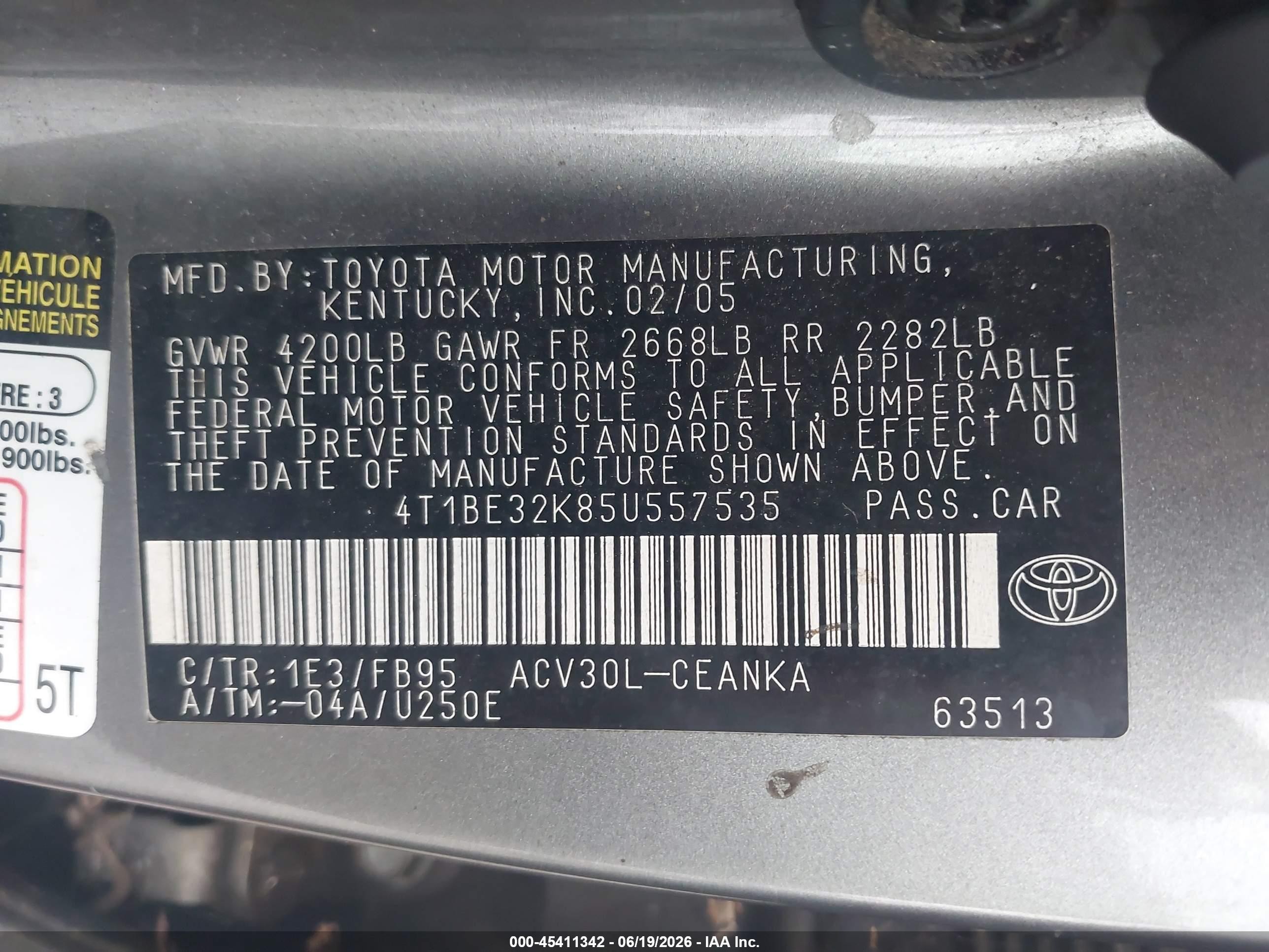 2005 Toyota Camry Std Gray vin: 4T1BE32K85U557535
