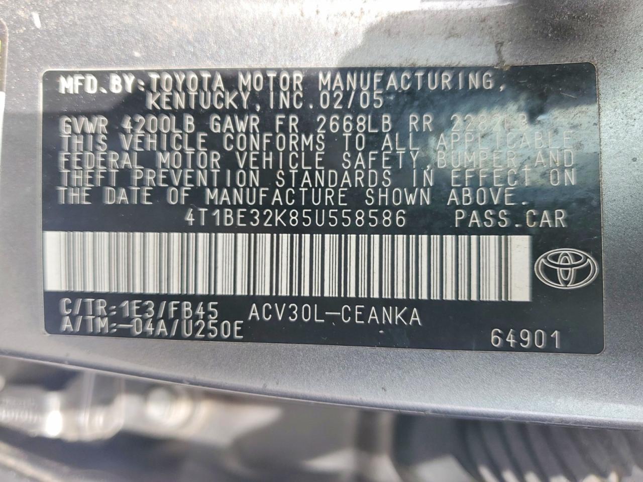 2005 Toyota Camry Le Серый vin: 4T1BE32K85U558586