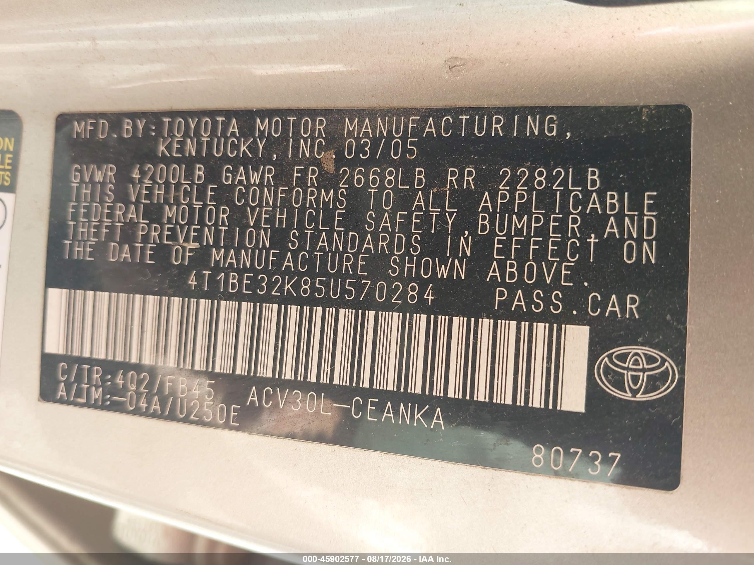 2005 Toyota Camry Le Champagne vin: 4T1BE32K85U570284